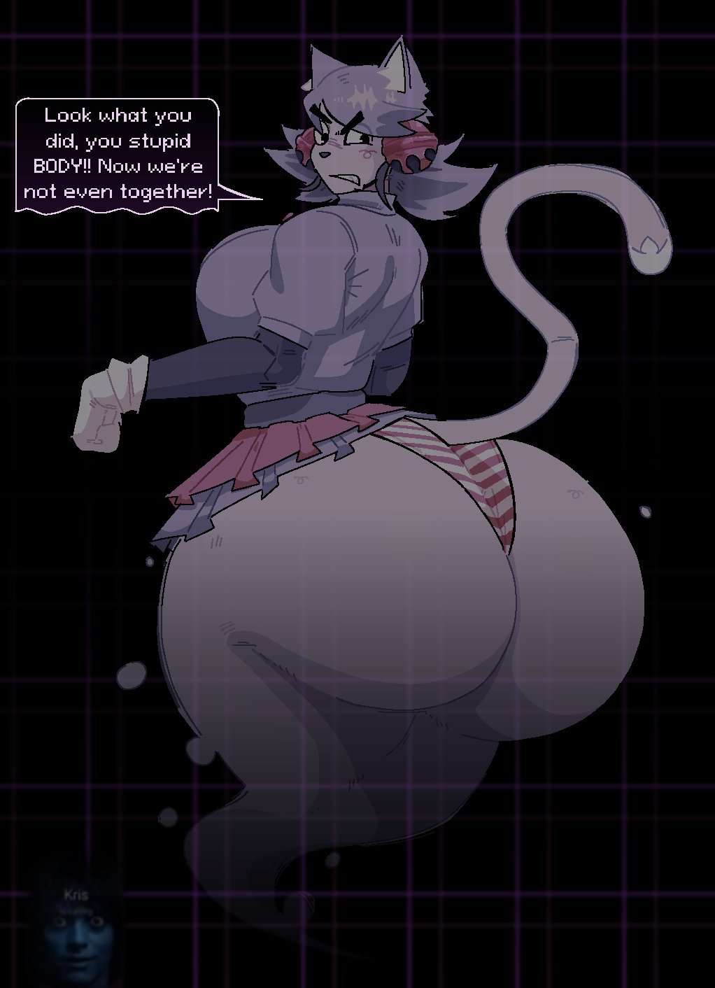 1girls, ass, ass focus, big ass, bottom heavy, cat ears, cat tail, catgirl, deltarune, disgusted, dumptruck ass, ephemeralscourg, feline, feline humanoid, ghost, ghost girl, huge ass, hyper ass, irritable ghost (deltarune), kris (deltarune), large breasts, looking at viewer, looking back, mad mew mew, mew mew (undertale), mew mew kissy cutie, no sex, panties, pink (deltarune), text, undertale