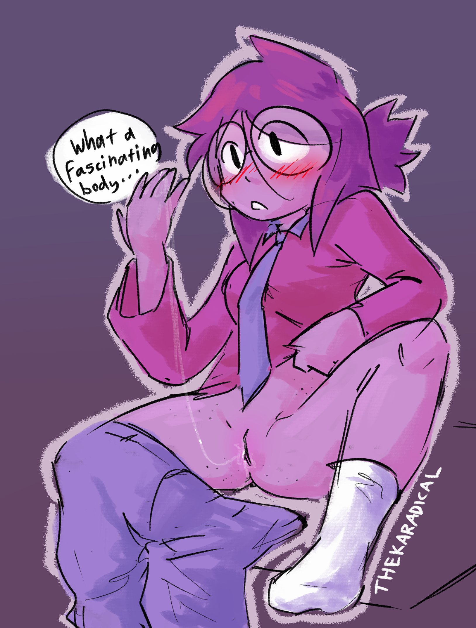 1girl, bottomless, deltarune, deltarune chapter 5, glasses, mark karada, masturbation, nonbinary (lore), purple hair, purple skin, pussy, pussy juice, seth (deltarune), solo female, text