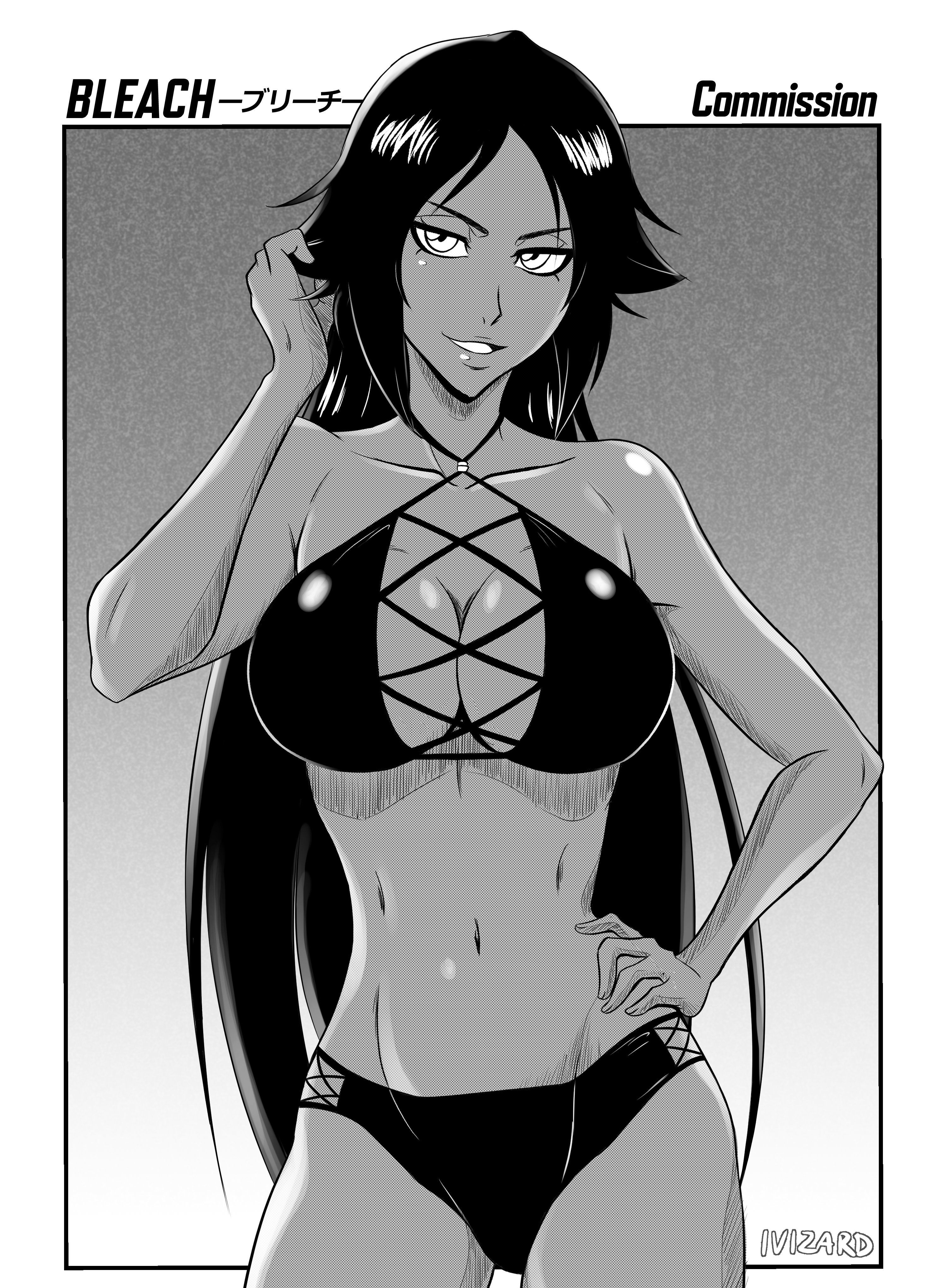 1girl, absurdres, bikini, bleach, bleach: brave souls, breasts, cleavage, commentary, commission, copyright name, cowboy shot, criss-cross straps, english commentary, greyscale, halterneck, hand on own hip, highres, large breasts, long hair, monochrome, parted lips, shihouin yoruichi, signature, smile, solo, swimsuit, very long hair