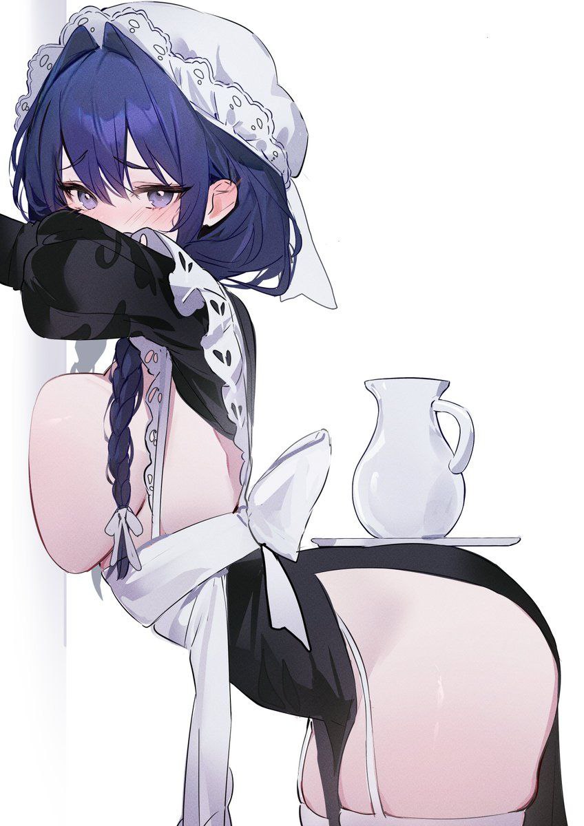1female, 1girl, 1girls, ass, big breasts, blush, blush lines, blushed face, blushing, blushing at viewer, blushing female, breasts, cup, female, female focus, female only, hololive, hololive english, large breasts, maid, maid headdress, maid outfit, maid uniform, ouro kronii, ouro kronii (maid), purple eyes, purple hair, virtual youtuber, woppu (woppuru)