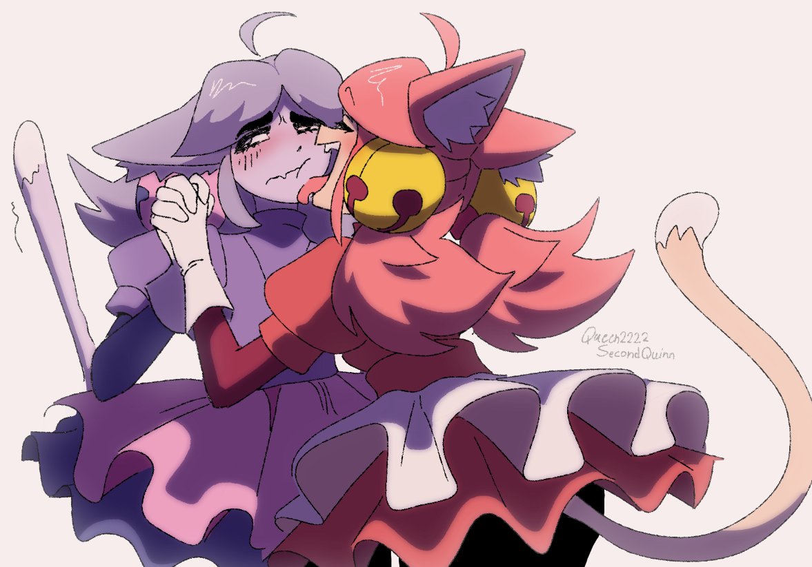 2d, 2d artwork, 2girls, blush, blush lines, blushing, blushing at partner, cat ears, cat tail, catgirl, clothed, clothing, deltarune, deltarune chapter 5, dominant female, eyelashes, face lick, face licking, female, female focus, female only, frilled skirt, holding hands, irritable ghost (deltarune), licking, licking face, mad dummy, mad mew mew, mew mew (undertale), mew mew kissy cutie, pink (deltarune), selfcest, simple background, skirt, smile, smiling, smiling at partner, submissive female, tagme, tagme (artist), tongue, tongue on face, tongue out, undertale (series), white background, yuri