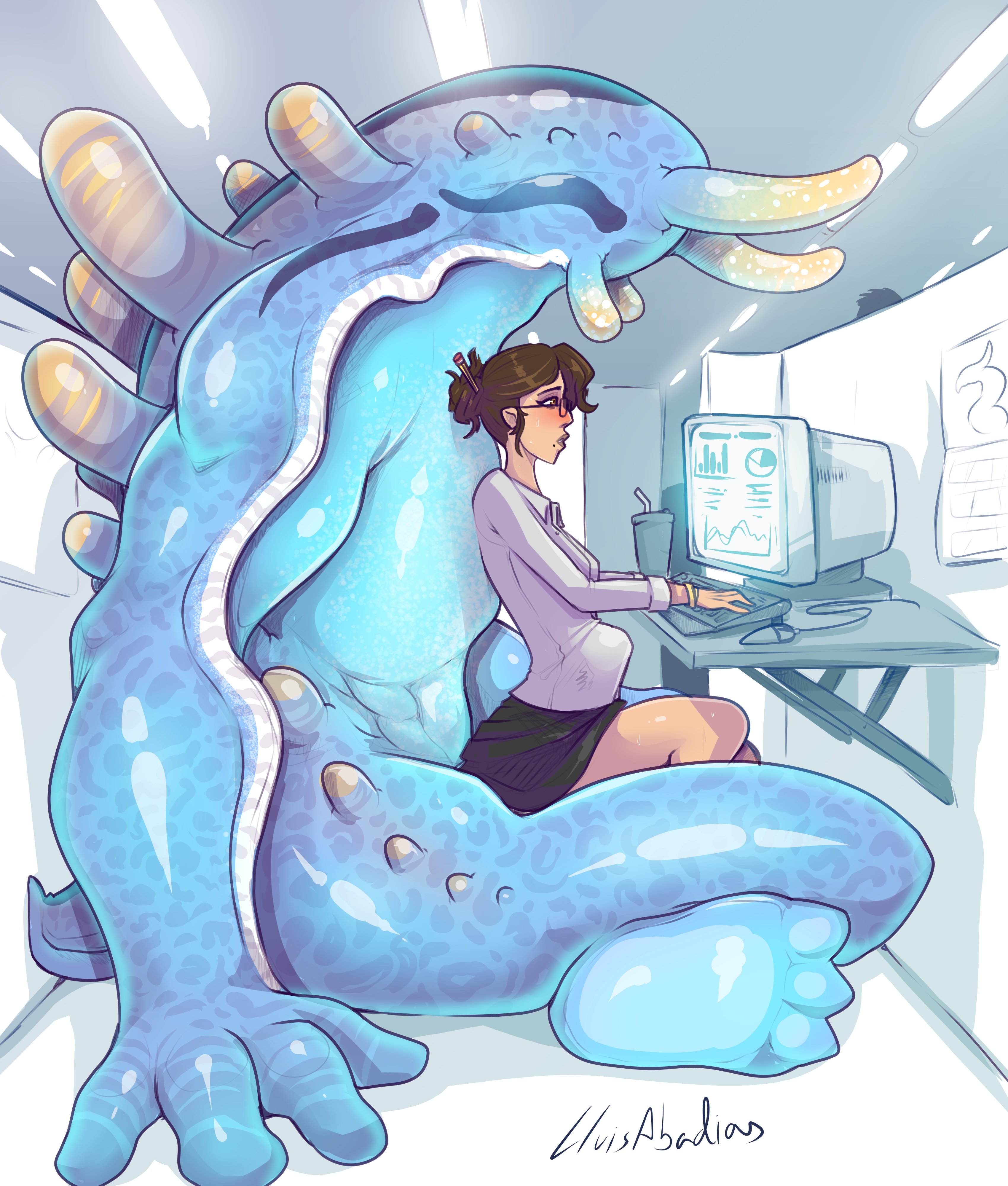 1boy, 1girls, ambiguous penetration, clothed, clothed female, clothed sex, color, colored, glasses, hairbun, implied penetration, implied sex, larger male, light skin, light-skinned female, lluisabadias, mole under mouth, monster, monster boy, multitasking, office, office clothing, office lady, office sex, original, original character, original characters, public, public sex, sea slug, sea slug humanoid, sitting on lap, size difference, skirt, smaller female, stomach bulge, teratophilia