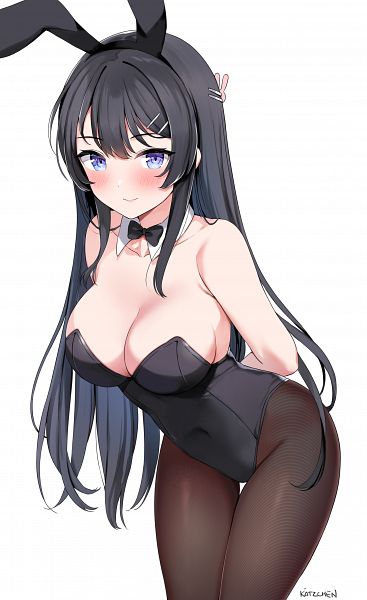 1girls, black hair, blue eyes, blush, bowtie, breasts, bunny ears, bunnysuit, female, female only, human, looking at viewer, sakurajima mai, seishun buta yarou wa bunny girl senpai no yume wo minai, solo, solo female, thighs, white background