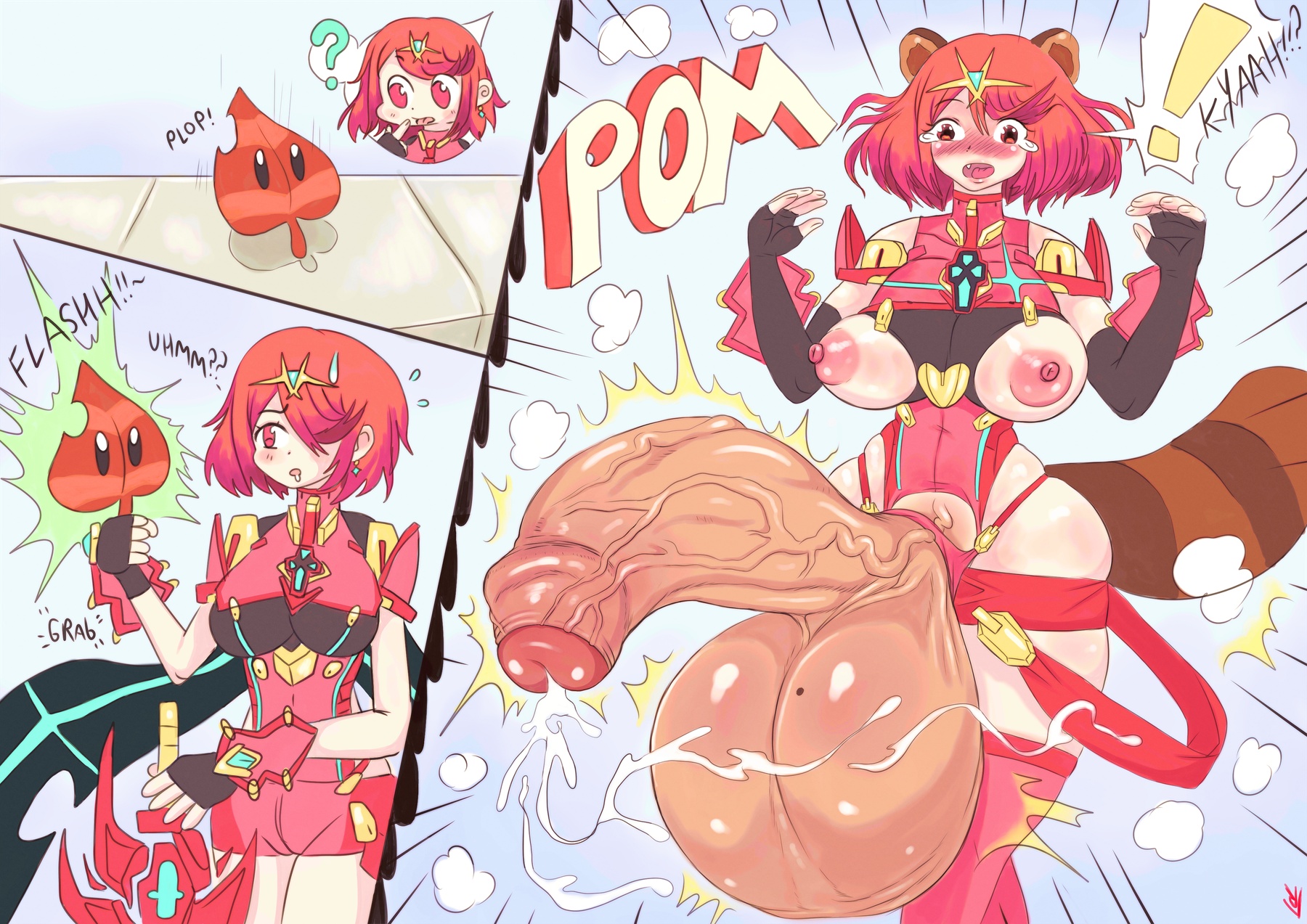 1futa, animal ears, artist request, balls, big breasts, big penis, breast slip, breasts, cum, cum drip, dickgirl, female, foreskin, futa focus, futa only, futa transformation, futanari, hyper balls, hyper penis, intersex, large balls, large testicles, mario (series), mole, mole on balls, new super mario bros. 2, nintendo, nipples, penis, pyra, raccoon ears, raccoon girl, raccoon tail, red eyes, red hair, tail, tears, testicles, transformation, uncircumcised, uncut, veiny penis, xenoblade (series), xenoblade chronicles 2