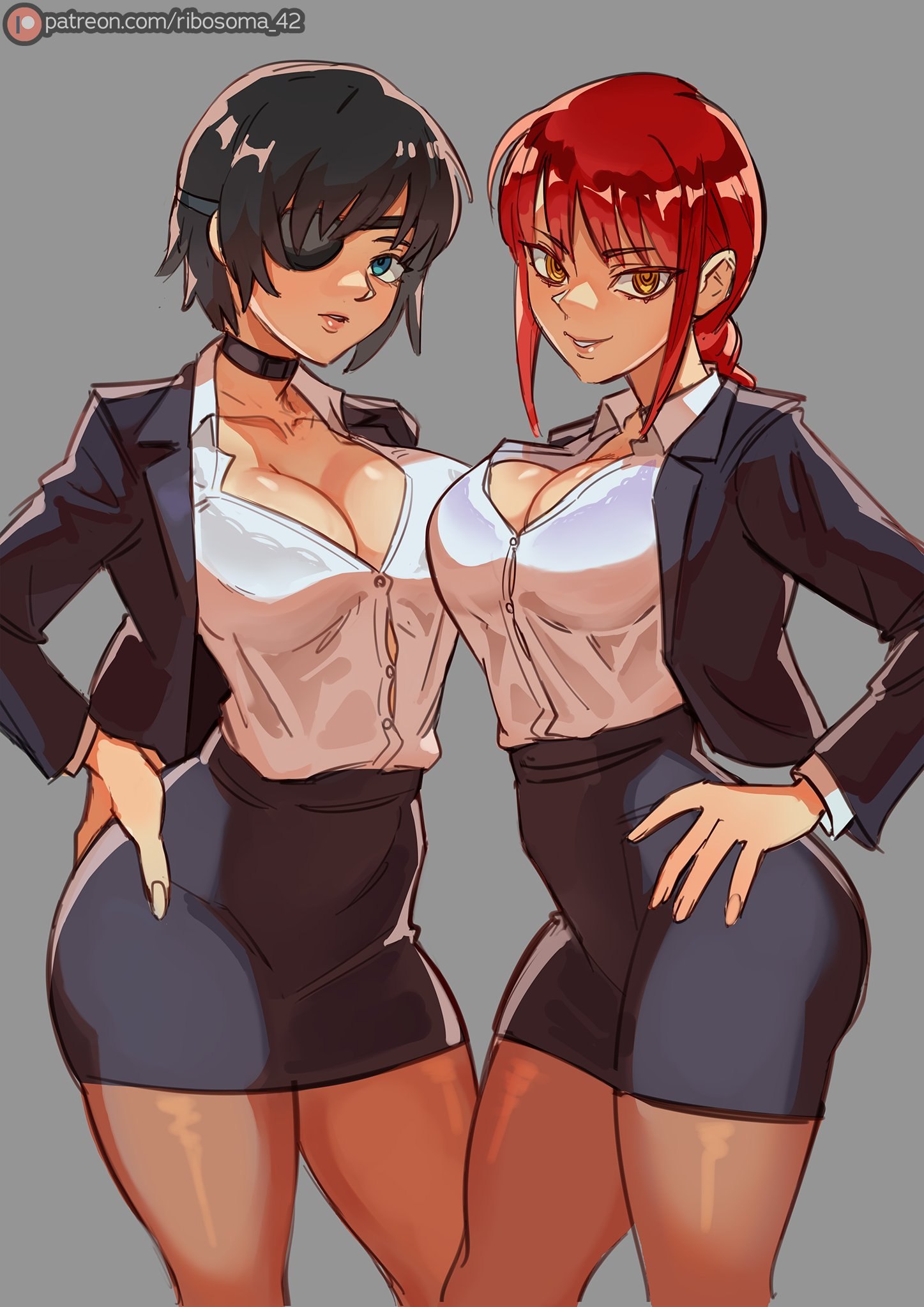2female, 2females, 2girls, big breasts, black hair, black skirt, blue eyes, boobs, breast press, breasts, busty, chainsaw man, choker, cleavage, clothing, duo, ears, eye patch, eyepatch, female, female only, green eyes, grey background, hands, himeno (chainsaw man), hourglass figure, huge breasts, large breasts, light skin, light-skinned female, looking at viewer, makima (chainsaw man), miniskirt, nails, nose, office clothing, office lady, pantyhose, red hair, ribosoma 42, short hair, skirt, slim waist, smile, smiling, smiling at viewer, smiling female, standing, thick, thick thighs, thighs, tight clothing, tights, uniform, voluptuous, voluptuous female, watermark, white body, wide hips, yellow eyes