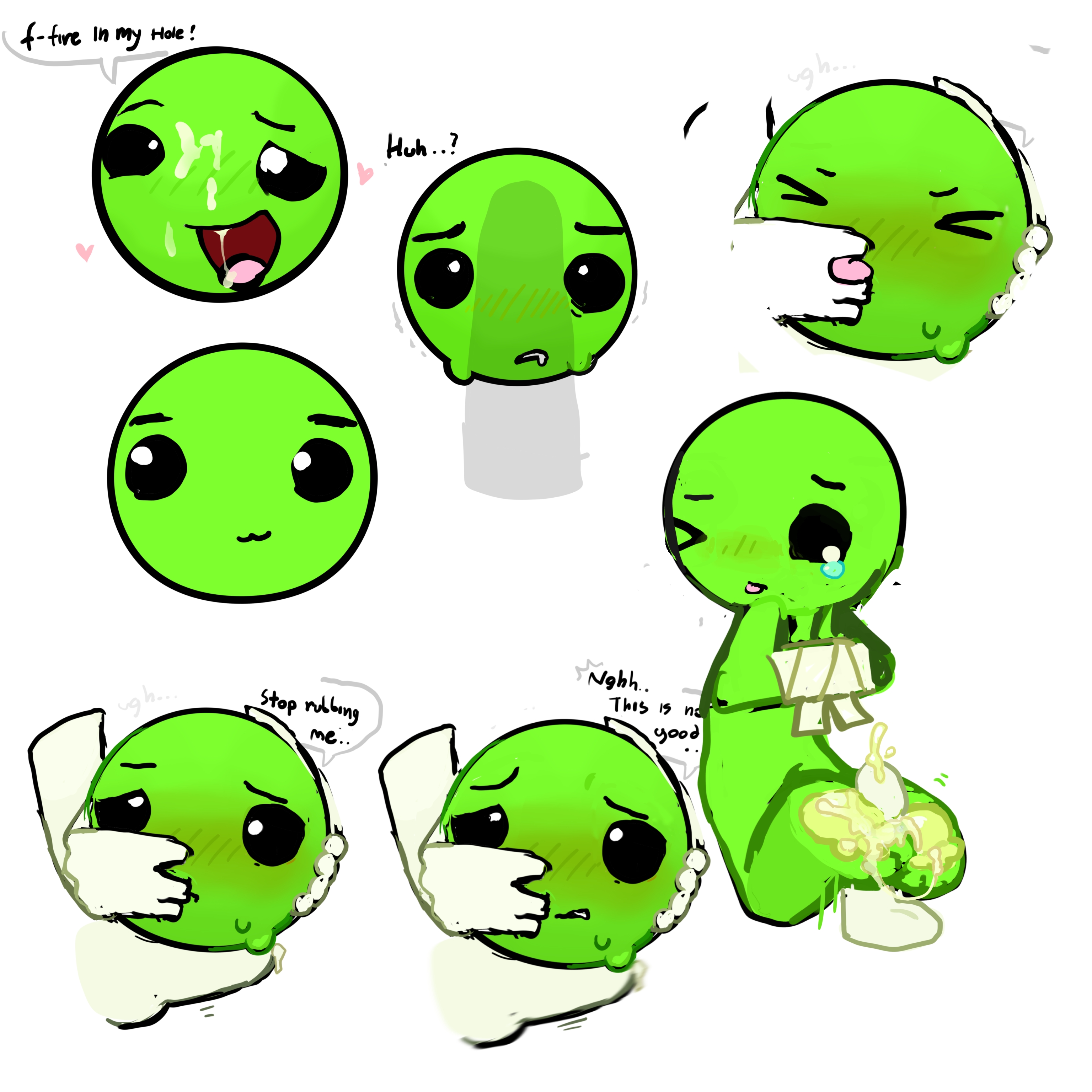 begging, black eyes, boy, circle eyes, circle head, crying, cum, cum in mouth, cum on face, cum on foot, cuntboy/male, cutie, emoji, enjoying, foot fetish, footjob, geometry dash, goonable, green body, green skin, male, morning, mumblegroan, non-human, normal (geometry dash), raped male, smile, smiley face, smiling, sweatdrop, tied hands, tounge out, white background, yaoi