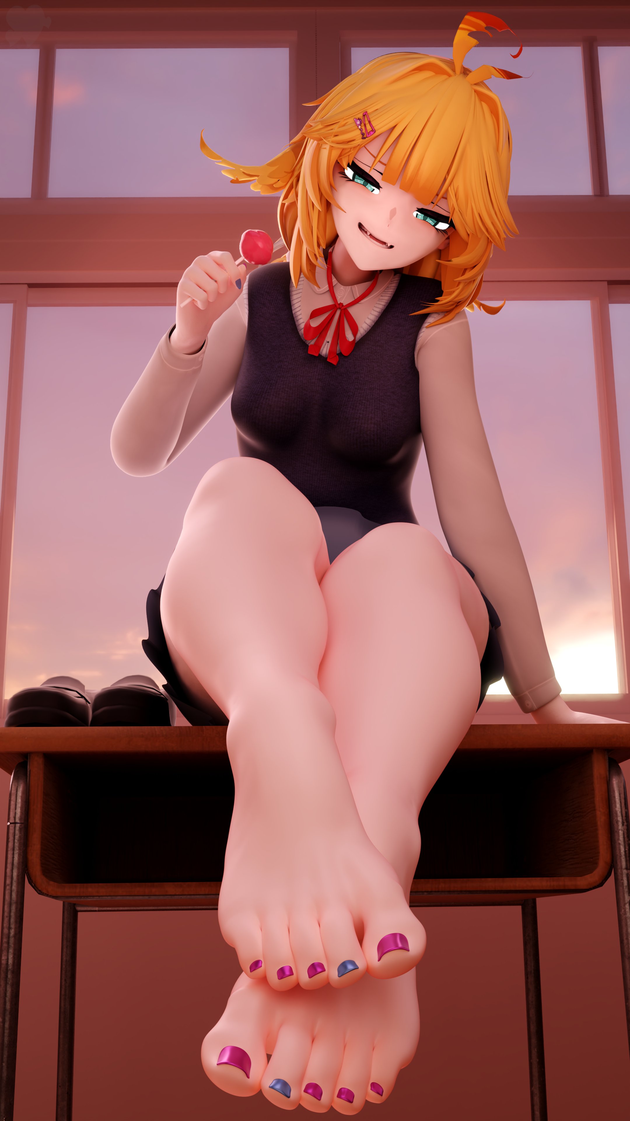 1girls, 3d, 9:16, absurd res, ahoge, barefoot, blonde hair, dokibird, dokibird (school outfit), feet, foot fetish, foot focus, grin, head tilt, head wings, hi res, holding lollipop, indie virtual youtuber, lollipop, looking at viewer, low-angle view, multicolored nails, pippersad, shoes removed, sitting on desk, smile, smug, solo, virtual youtuber, vtuber