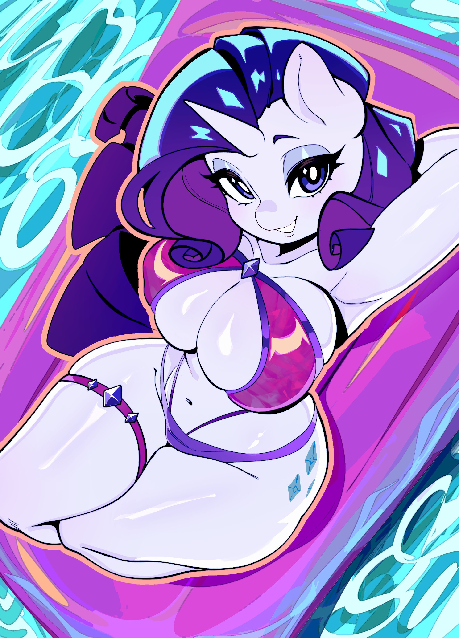 1girls, animal ears, anthro, arm behind head, bikini, blue eyes, blue hair, breasts, cleavage, clothing, colored skin, curly hair, equid, equine, eyelashes, eyeshadow, female, from above, furrification, furry, furry female, horn, horns, inflatable raft, large breasts, legs together, long eyelashes, long hair, looking at viewer, makeup, mammal, my little pony, my little pony friendship is magic, my little pony: friendship is magic, navel, personification, purple bikini, purple eyes, purple eyeshadow, purple hair, rarity, rarity (eg), rarity (mlp), shybred, single horn, sitting, smile, solo, swimsuit, thick thighs, thigh strap, thighs, unicorn, water, white skin