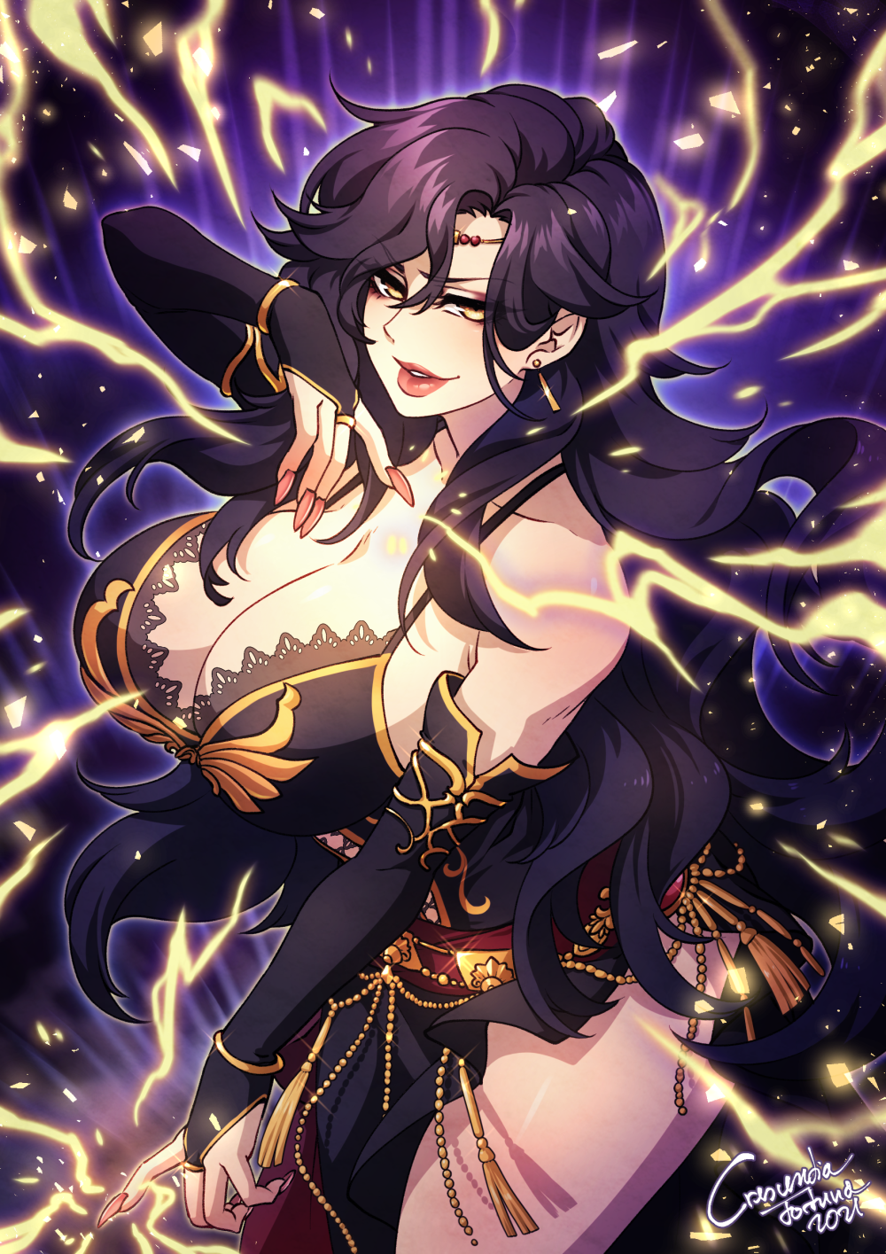 1girls artist_name bare_thighs big_breasts black_hair cleavage crescentia earrings fire_emblem fire_emblem:_the_blazing_blade huge_breasts large_breasts lips long_hair long_nails nail_polish nintendo purple_hair solo solo_female sonia_(fire_emblem) thick_lips thick_thighs video_games villain wavy_hair yellow_eyes