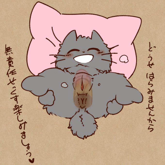 1:1 a_cat_is_fine_too alacarte amayakasuneko anus blush brown_background closed_eyes disembodied_penis domestic_cat duo felid feline felis female feral front_view fur genitals hand_on_butt humanoid_genitalia humanoid_penis japanese_text lying male male/female mammal on_back penis pillow pussy shikaruneko_(series) simple_background smile spread_legs spreading text translucent translucent_penis