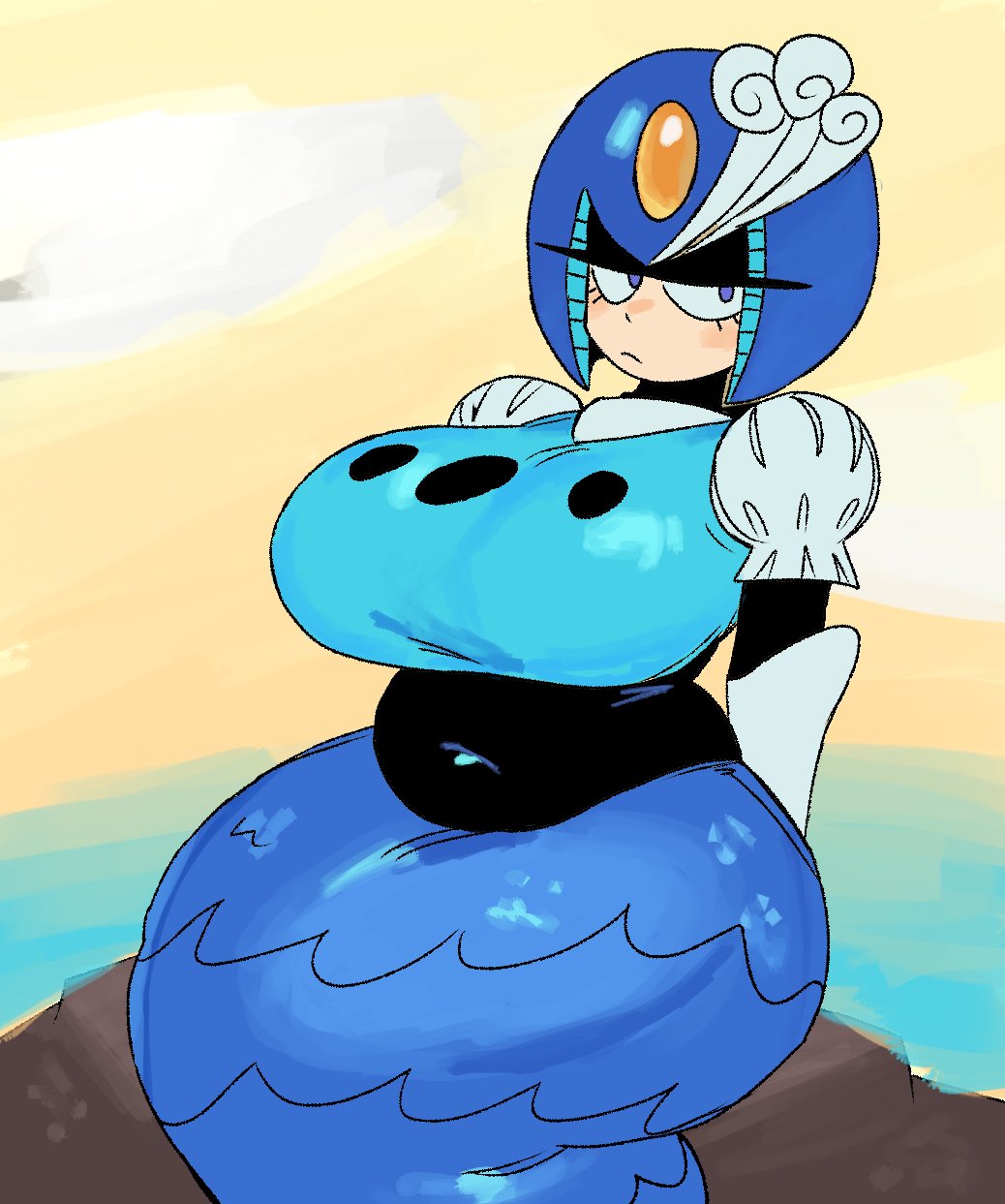 alternate breast size (larger), blue eyes, blue helmet, blue scales, breasts, dumbwitchyy, elbow gloves, gloves, half-closed eyes, helmet, highres, huge breasts, jewelry, light blush, long eyelashes, mega man, mega man (classic), merfolk, mermaid, monster girl, plump, puffy short sleeves, puffy sleeves, robot girl, shirt, short sleeves, splash woman, thick thighs, thighs, white gloves, white shirt
