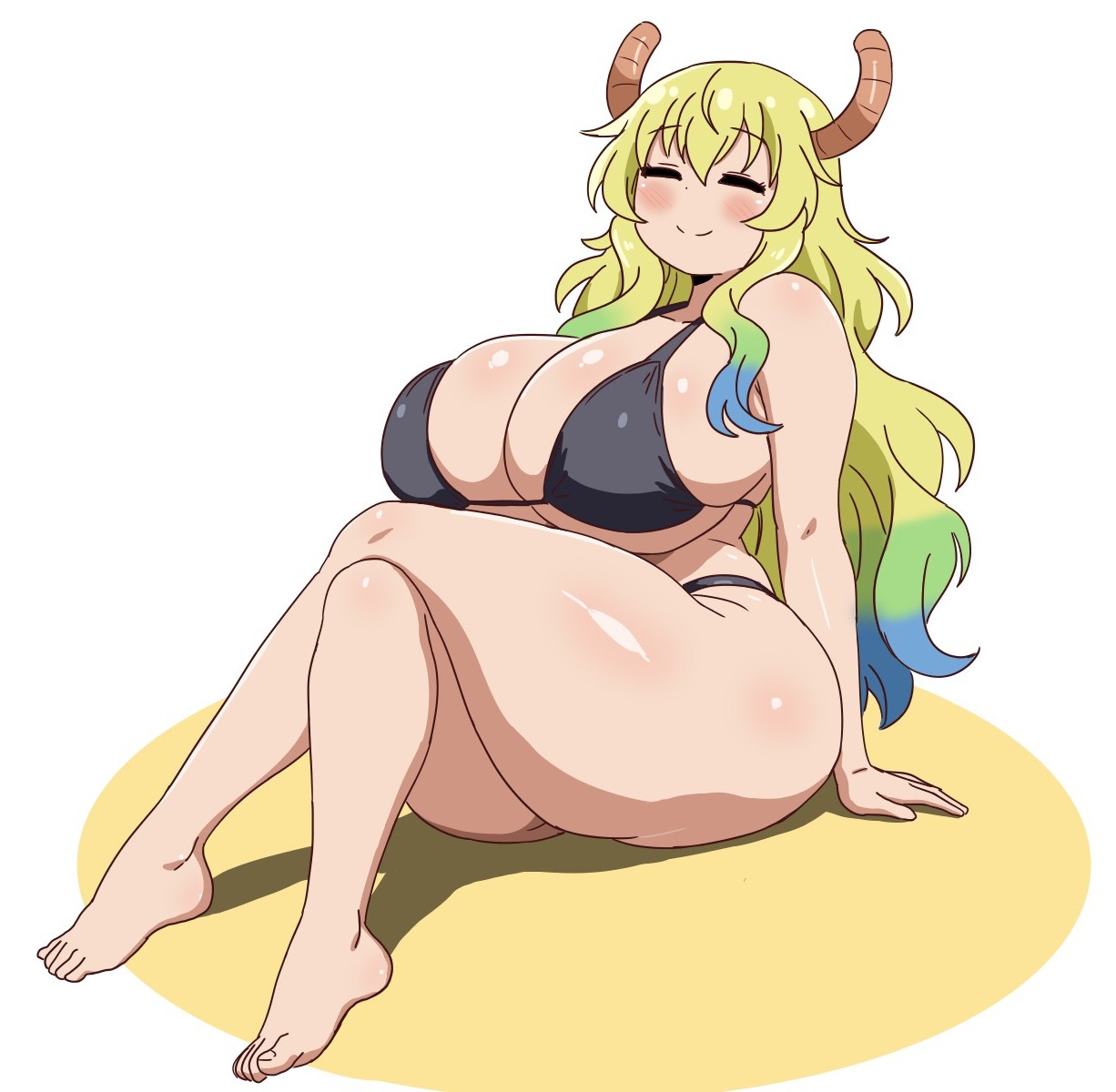 ass, barefoot, bikini, black bikini, blush, breasts, closed eyes, curvy, deity, dragon horns, eduardo31267693, feet, female, female focus, female only, goddess, highres, horned, horned female, horned humanoid, horns, huge ass, huge breasts, kobayashi-san chi no maidragon, looking ahead, multicolored hair, quetzalcoatl (dragon maid), shiny skin, simple background, sitting, swimsuit, thick thighs, thighs, wide hips