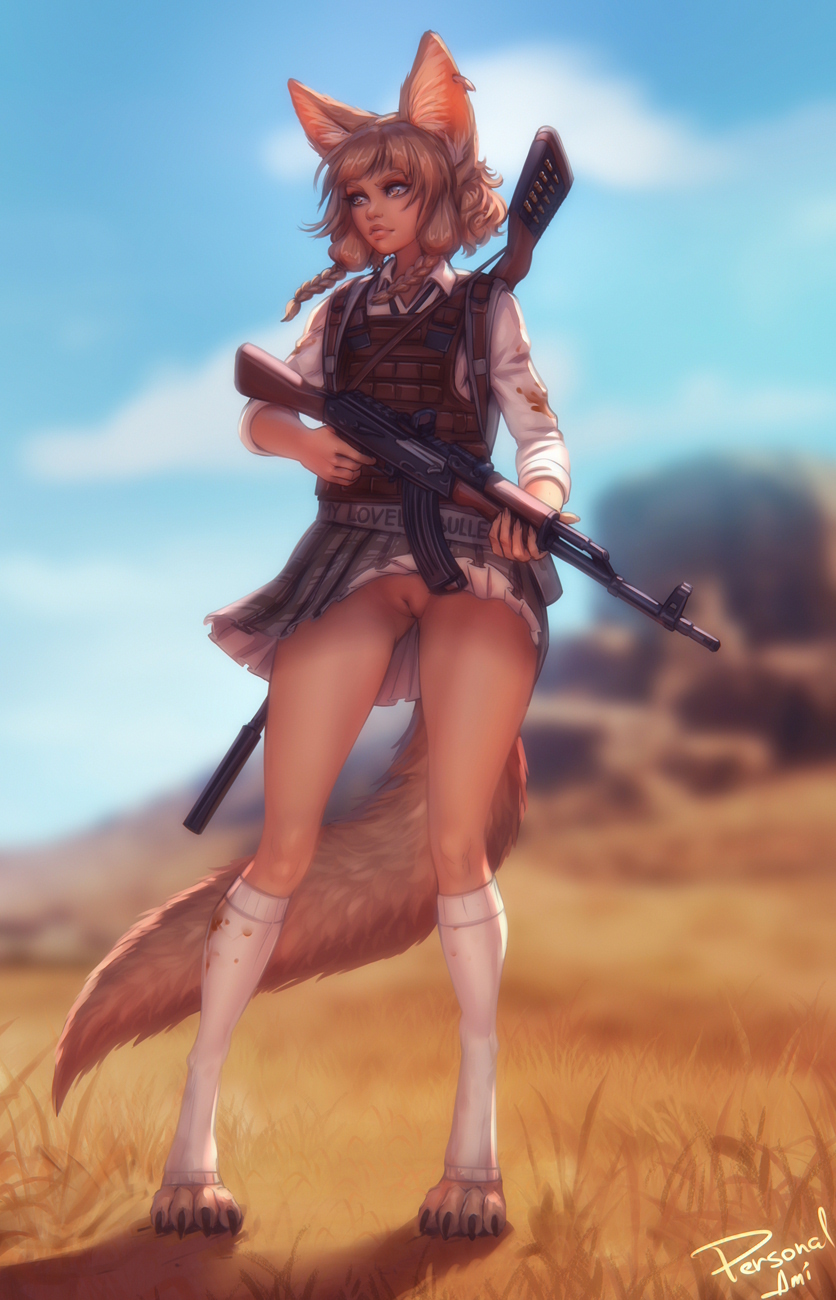 animal_ears bangs blonde_hair blood bloody_clothes blunt_bangs blurry blurry_background body_armor bottomless_skirt braid brown_eyes brown_hair day earrings female fox_ears fox_tail fringe gun highres holding holding_gun holding_weapon jewelry khiara_(personalami) kneehighs lips looking_to_the_side no_panties no_panties_under_skirt nopan original outdoors personalami petite pleated_skirt pussy savannah shirt short_hair side_braids signature skirt small_fringe solo standing tail teenager uncensored weapon white_legwear white_shirt wind wind_lift