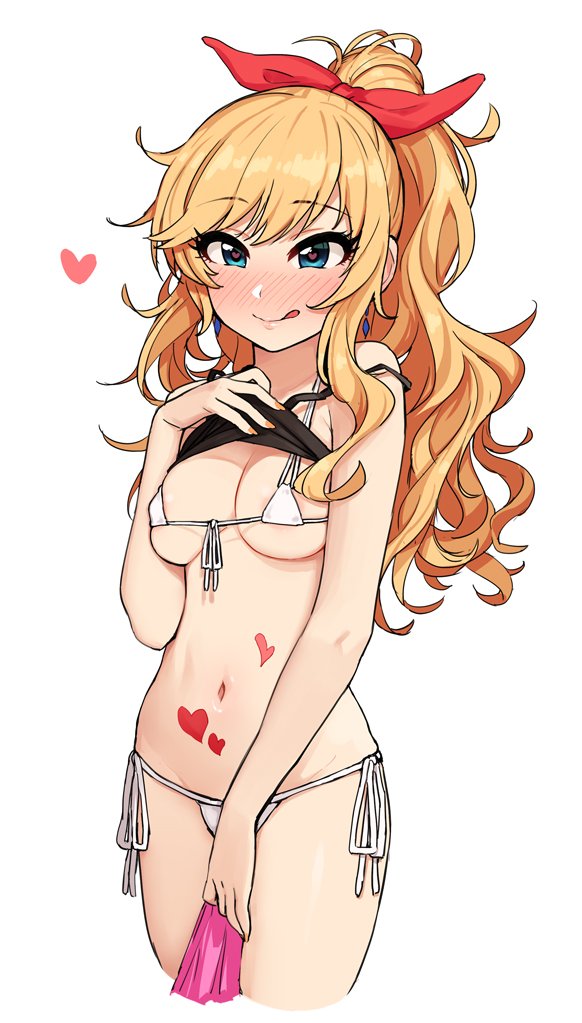 1girls :q areola_slip areolae bangs bare_arms bare_shoulders bikini blonde_hair blue_eyes blush bodypaint breasts closed_mouth clothes_lift cropped_legs earrings eyebrows_visible_through_hair eyelashes female female_only front-tie_bikini front-tie_top gyaru hair_ribbon heart heart-shaped_pupils high_ponytail holding idolmaster idolmaster_cinderella_girls jewelry lifted_by_self long_hair medium_breasts micro_bikini nail_polish naughty_face navel nose_blush omaru_gyuunyuu ootsuki_yui orange_nails ponytail red_neckwear ribbon shiny shiny_hair side-tie_bikini simple_background smile solo solo_female standing stomach string_bikini swimsuit symbol-shaped_pupils thighs tongue tongue_out underboob wavy_hair white_background white_bikini white_ribbon