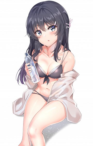 1girls, black bikini, black hair, blue eyes, breasts, female, sakurajima mai, seishun buta yarou wa bunny girl senpai no yume wo minai, thighs, water bottle