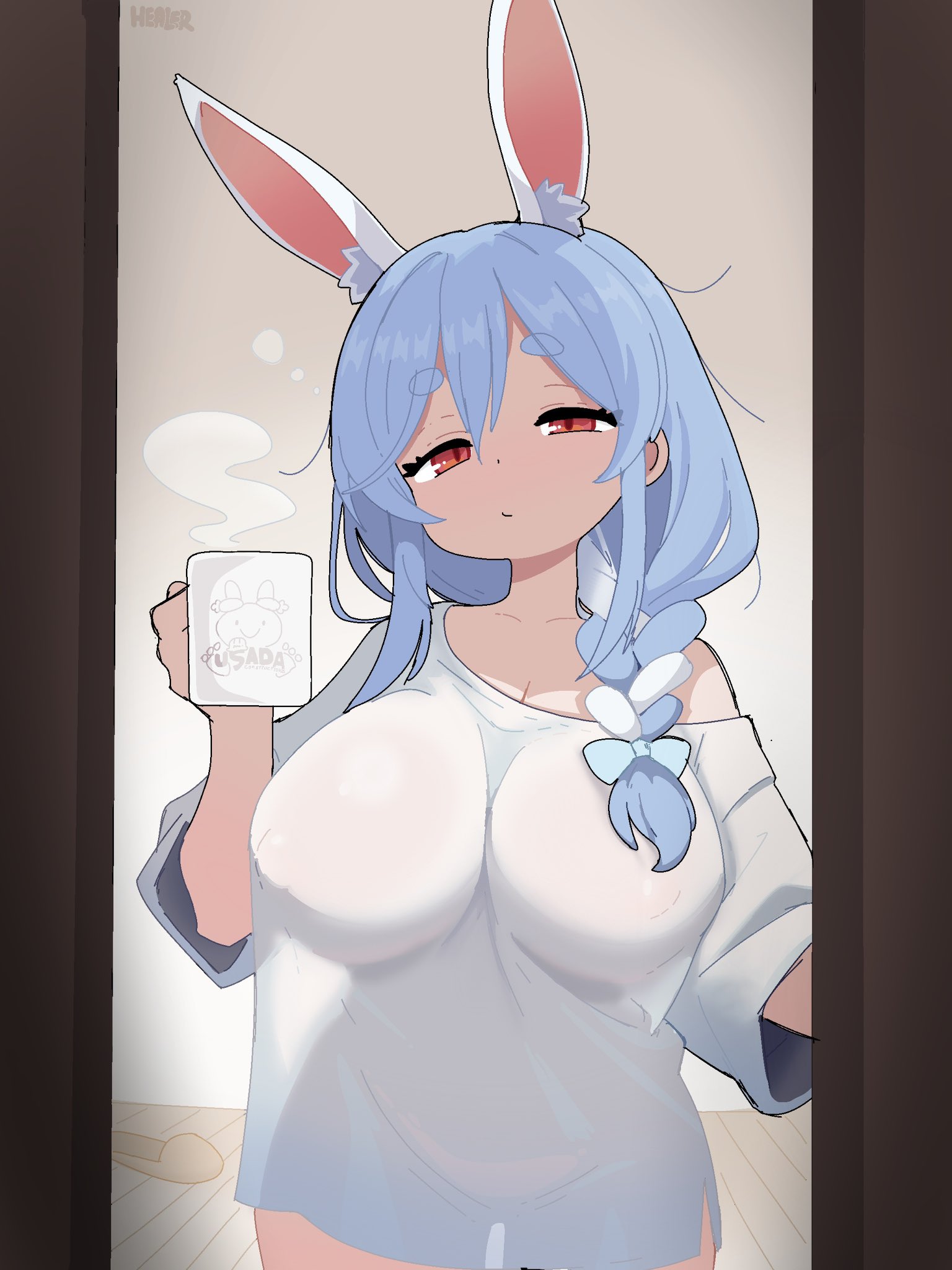 1girl, big breasts, fruithead, fruitheadart, healerart, hololive, hololive japan, large breasts, morning, pekomama, rabbit girl, virtual youtuber
