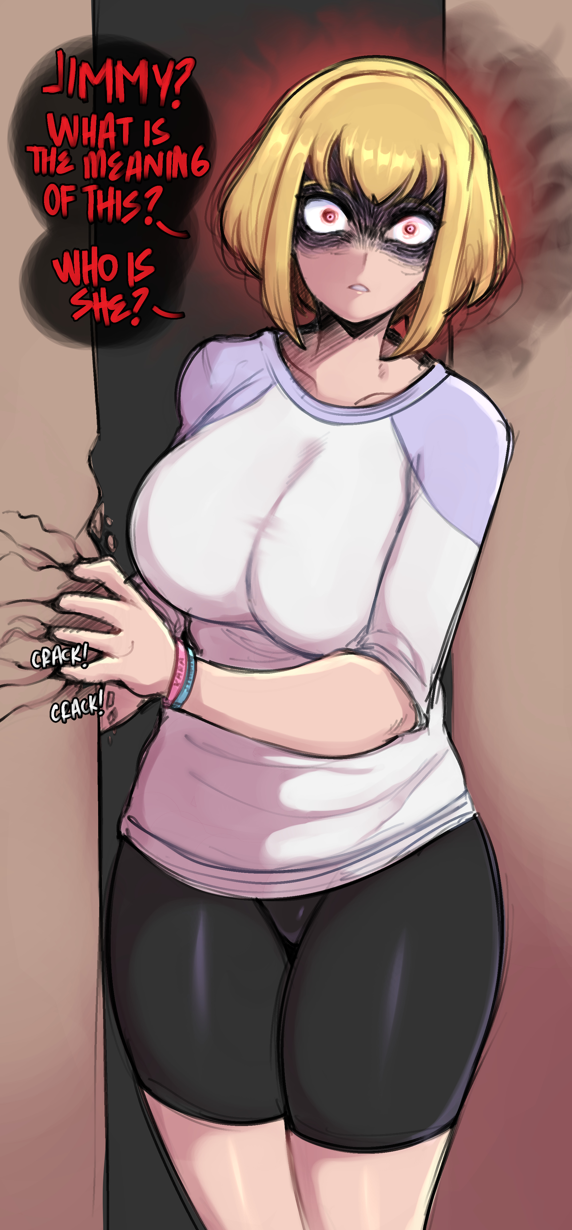 1boy, alien, alien girl, alien humanoid, angry, angry expression, angry eyes, angry face, angry female, big boobs, big breasts, blonde, blonde female, blonde hair, blonde-haired female, boobs, breasts, clothed, clothed female, dc, dc comics, female yandere, fumble (blunder), jealous, jealous female, jealousy, jimmy olsen, kara zor-el, large boobs, large breasts, male pov, my adventures with superman, offscreen character, offscreen male, pov, saltyxodium, shorts, super girl, supergirl, supergirl (my adventures with superman), superman (series), yandere