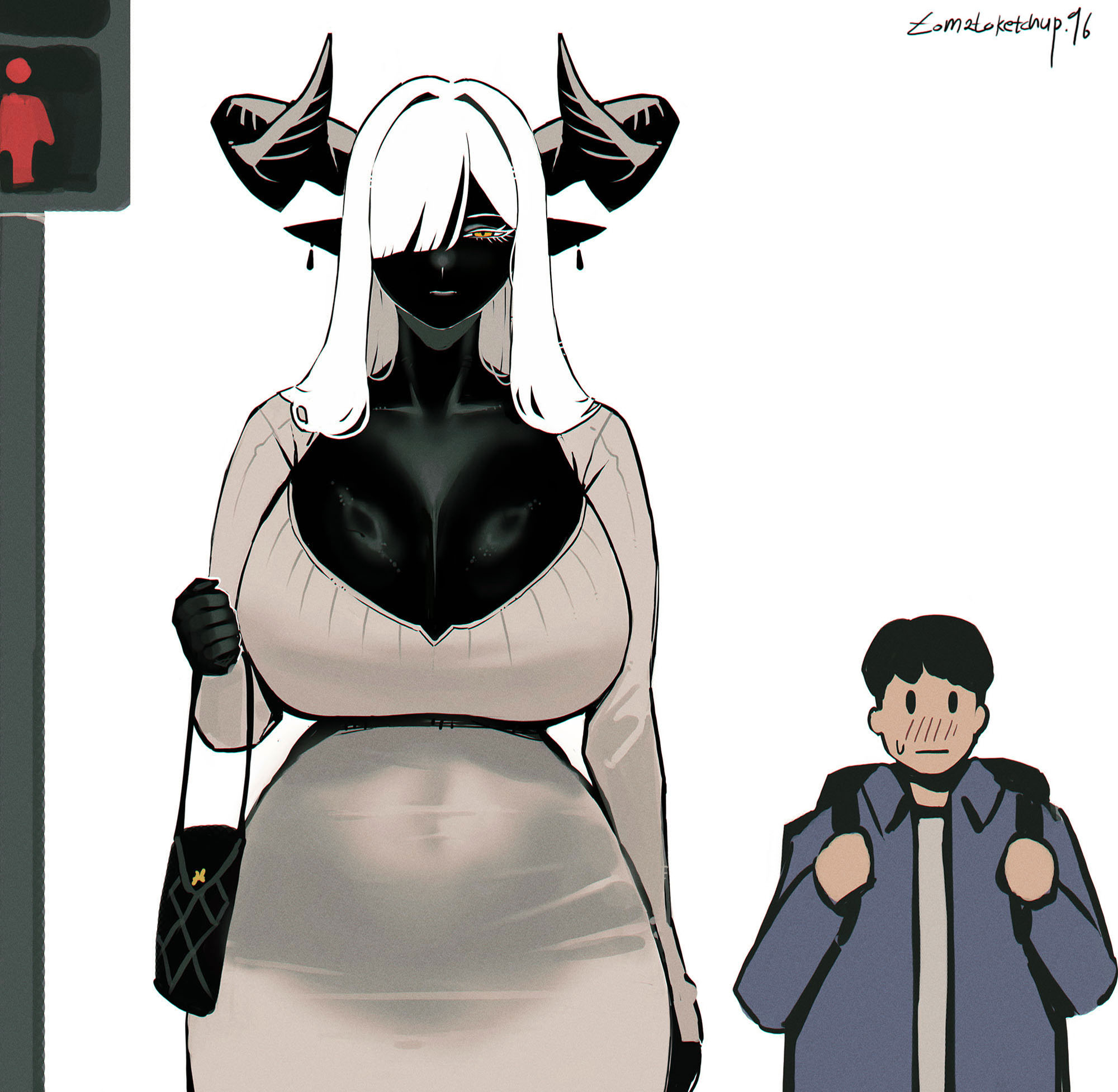 1boy, 1girls, backpack, bag, black eyes, black hair, black skin, blush, breasts, cleavage, colored skin, commentary request, dark skin, dress, earrings, hair over one eye, handbag, highres, horns, jewelry, korean commentary, large breasts, monster girl, narrow waist, original, pedestrian lights, pointy ears, simple background, sweatdrop, tall female, tomatoketchup96, very dark skin, white background, white dress, white hair, wide hips