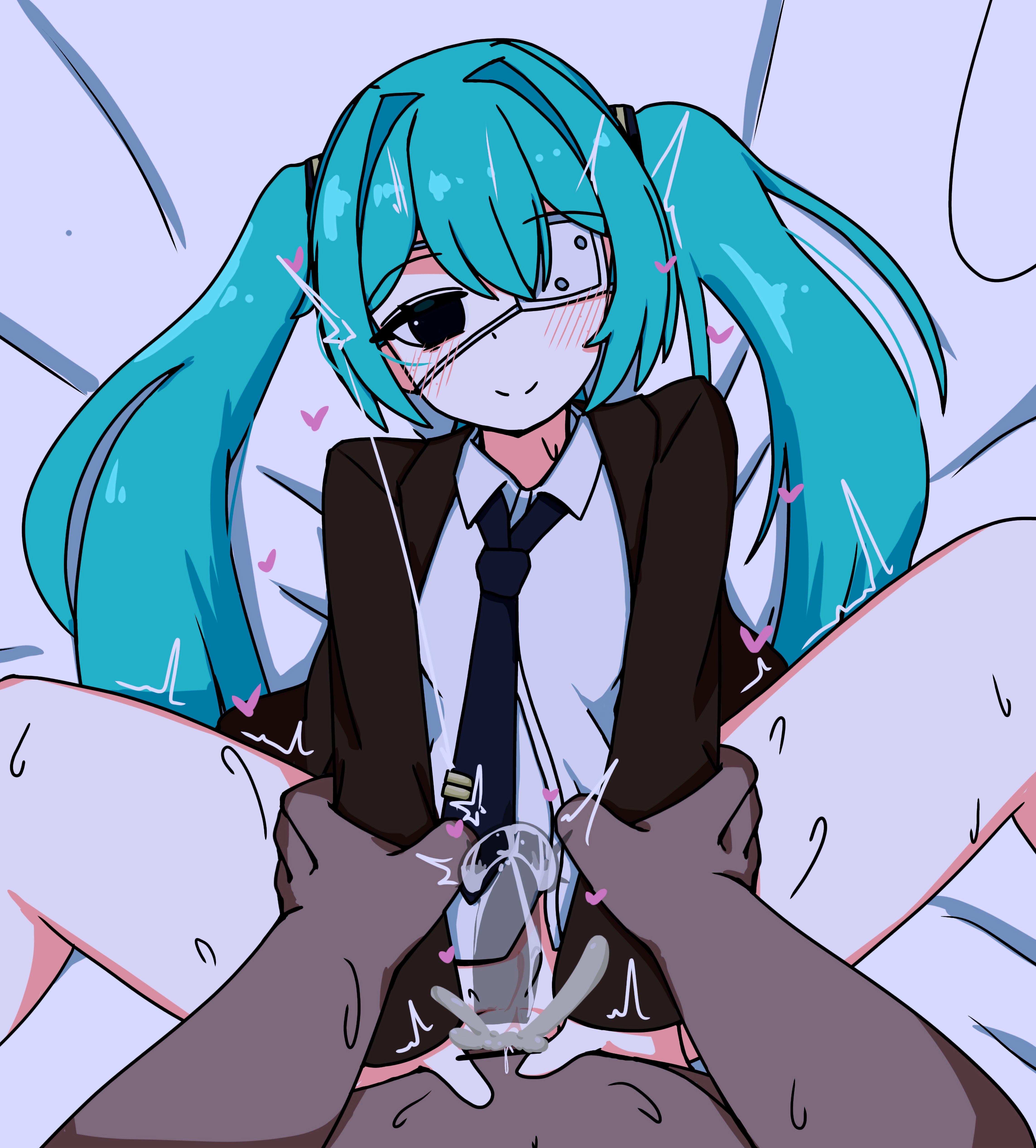 1boy, 1girls, blue hair, blush, bottomless, creampie, cum, cum in pussy, cum inside, eyepatch, female, hatsune miku, monitoring (vocaloid), penetration, sex, sweat, twintails, vocaloid, voifoooork