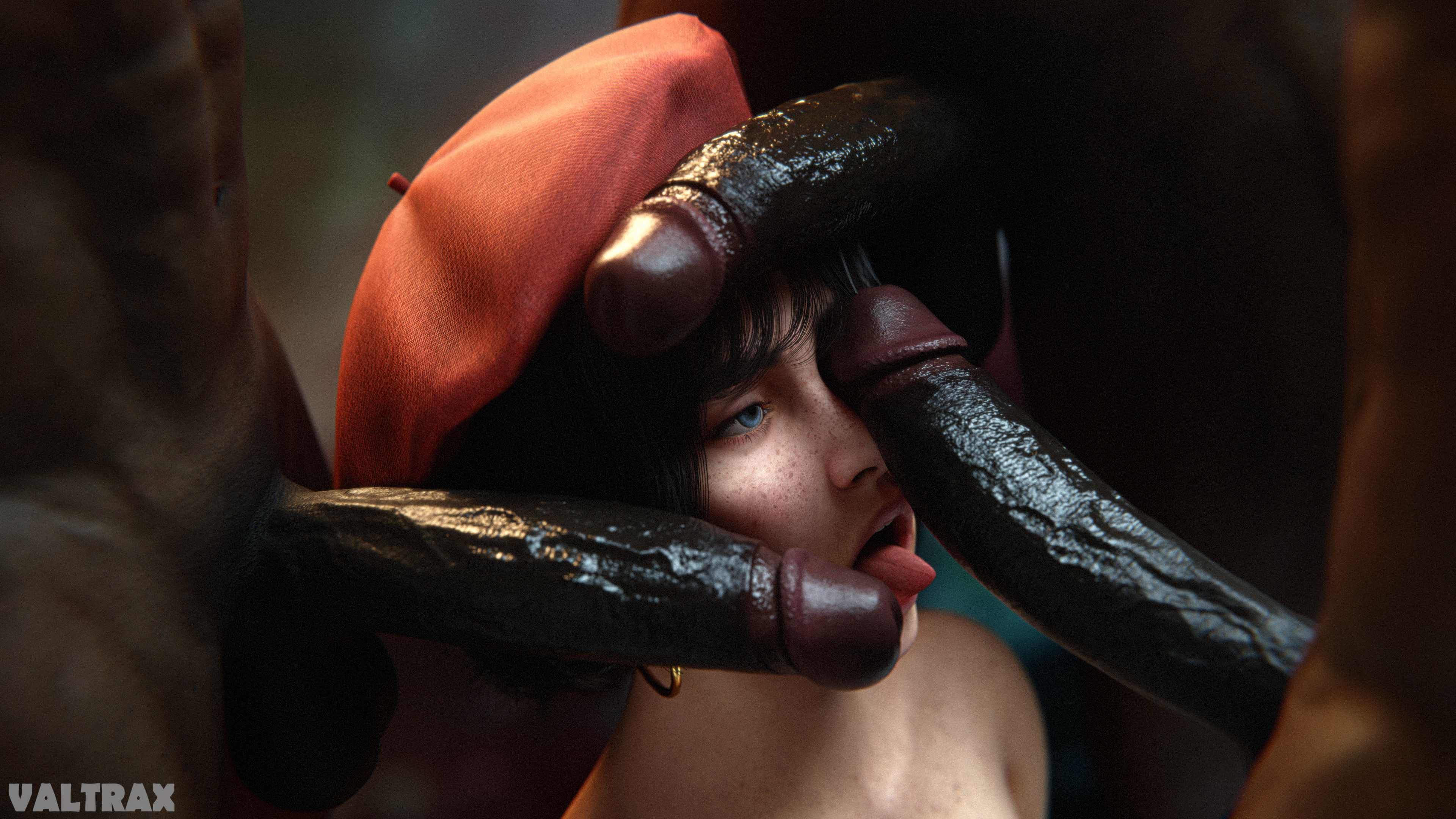 1girls, 2026, 3boys, 3d, balls, bangs, beret, big penis, black hair, blue eyes, clair obscur: expedition 33, cock worship, dark hair, dark skin, dark-skinned male, earrings, freckles, freckles on face, generic dark-skinned-muscular male, group, group sex, hat, hi res, interracial, interracial sex, kneeling, kneeling female, kneeling oral position, large penis, light skin, light-skinned female, mouth open, muscular, muscular male, oral, oral sex, penis, penis on face, penis on head, penis worship, shiny skin, sophie (clair obscur: expedition 33), surrounded by penises, tongue, tongue out, valtrax, veins, veiny, veiny penis, video game character, video games, watermark