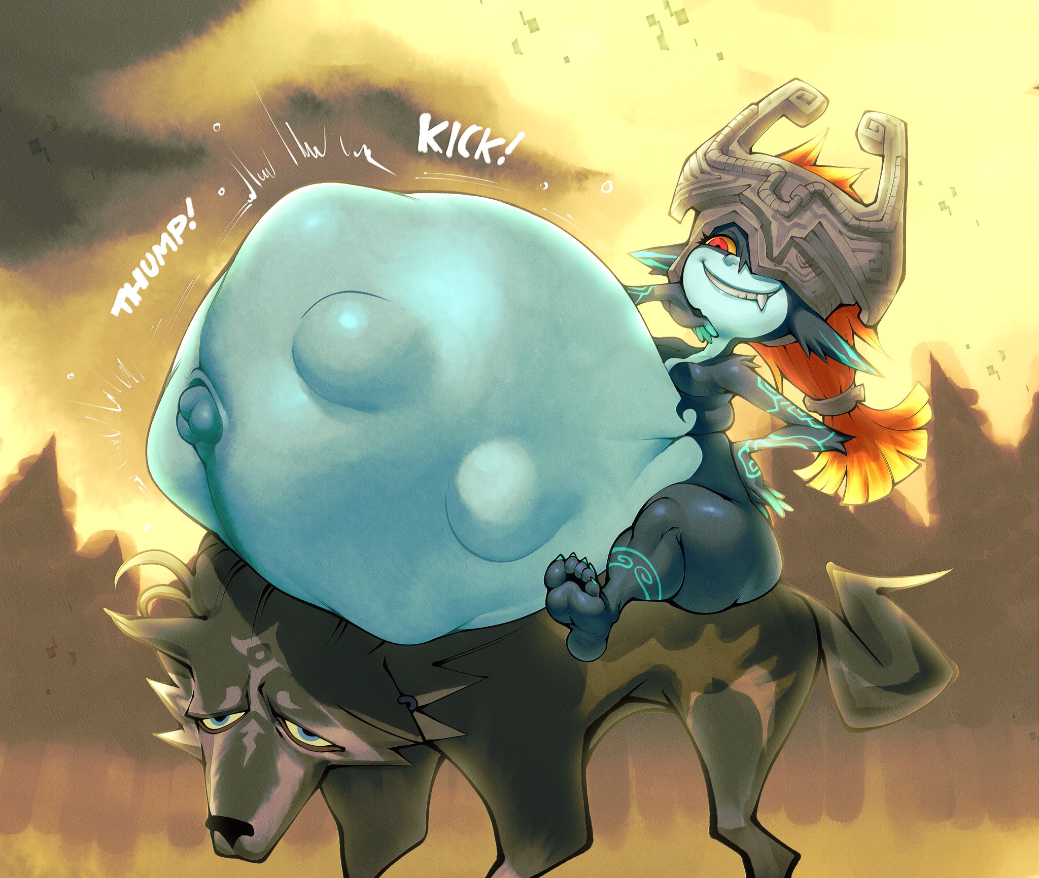 1girls, blue pupils, breasts, canine, fetal movement, hellbrain, hyper pregnancy, imp midna, link, midna, nintendo, nude female, orange hair, pointy ears, ponytail, popped navel, pregnant, red pupils, riding on back, shortstack, small breasts, smug, the legend of zelda, thick thighs, transformation, twilight princess, wolf link, yellow sclera