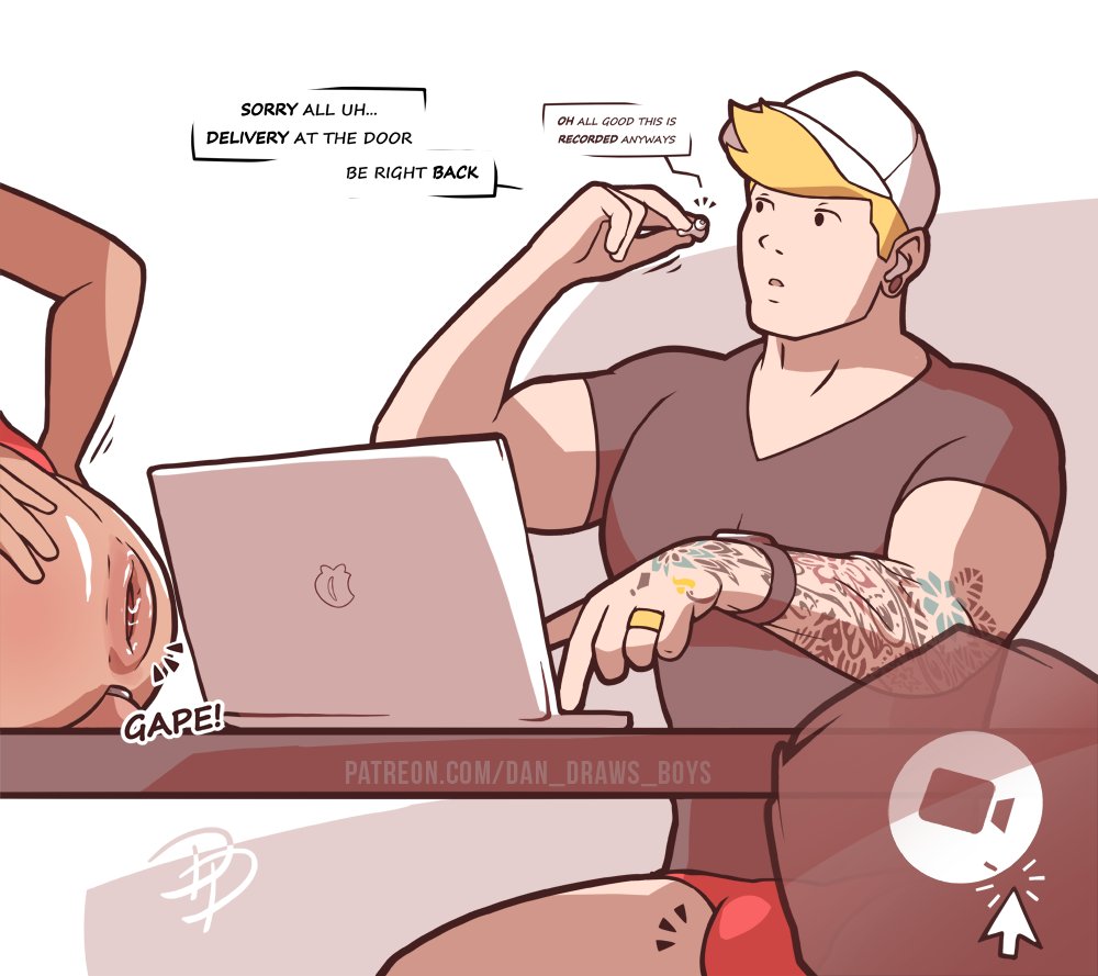 2boys bulge chastity chastity_cage dan_draws_boys english_text gaping_anus gay imminent_sex laptop male_only on_desk ring spread_anus submissive_male tagme tattoo underwear working yaoi