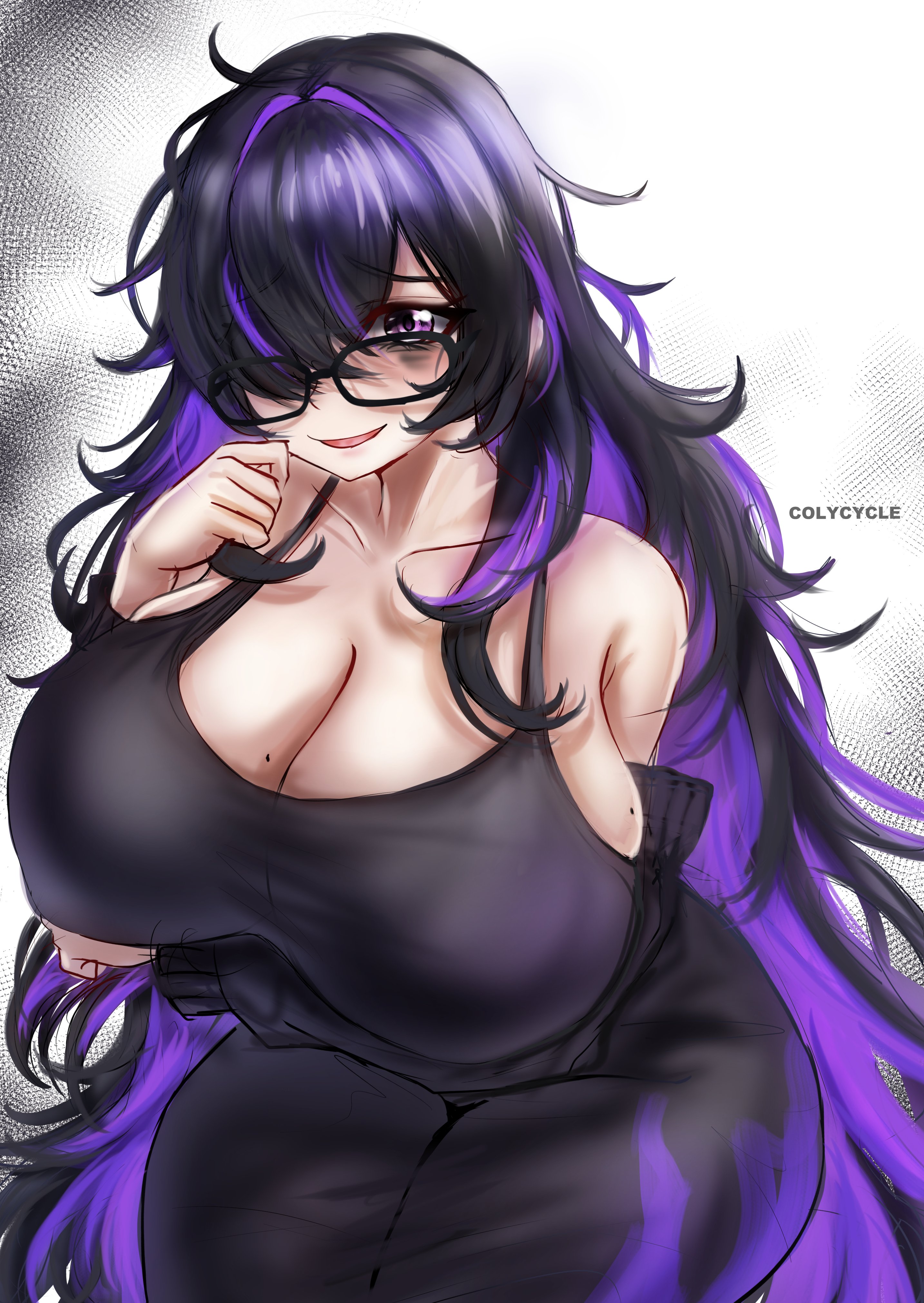 1girls, big breasts, breasts, breasts bigger than head, colycycle, goddess of victory: nikke, label (nikke), mole on breast, purple eyes, purple hair, tagme, thick thighs