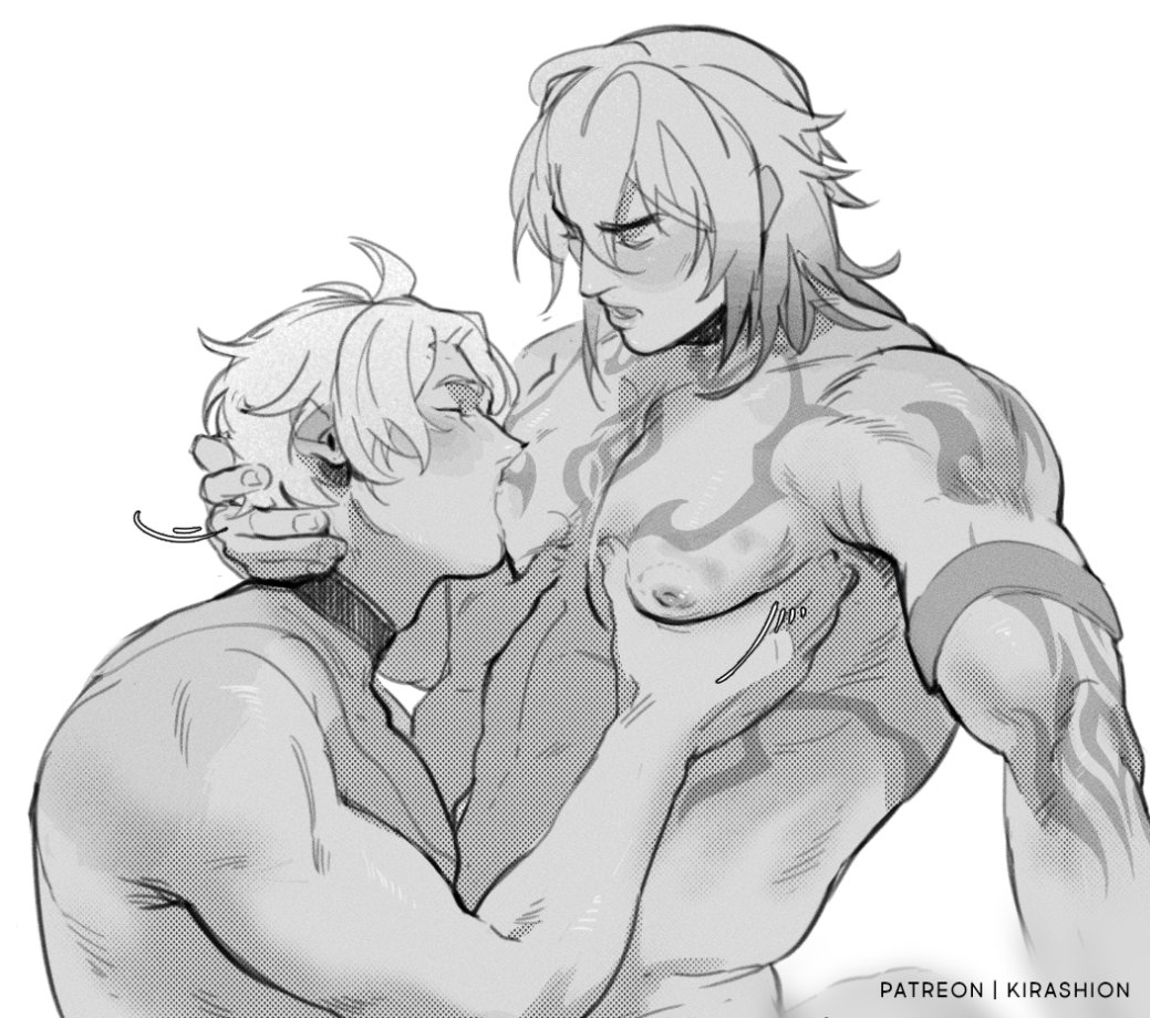 2boys, black and white, body worship, collar, darksideofkira, eyes closed, fondling, fondling breast, gay, head grab, honkai: star rail, kirashion, male only, mydei (honkai: star rail), nipple play, phaidei (honkai: star rail), phainon (honkai: star rail), pleasure face, sucking, sucking breasts, yaoi