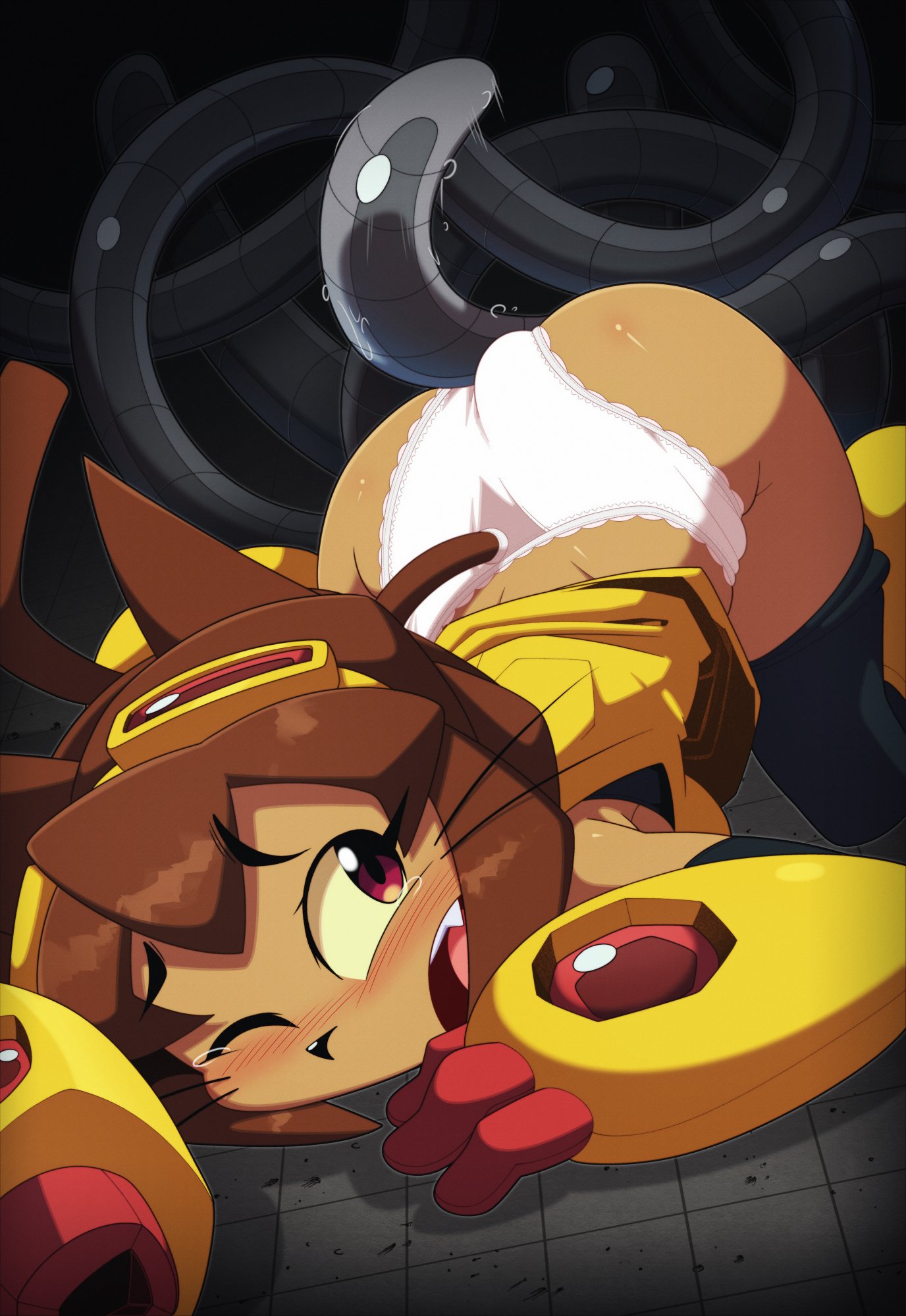 1girls, anthro, ass, ass up, blush, brown hair, dress, dress lift, euf-dreamer, fangs, feline, furry, gameoverse, goggles, goggles on head, hot dogging, kit (gameoverse), kit bodega, motion lines, one eye closed, open mouth, panties, pants, pants down, red eyes, tagme, tears, tentacle, top-down bottom-up, white panties, wince