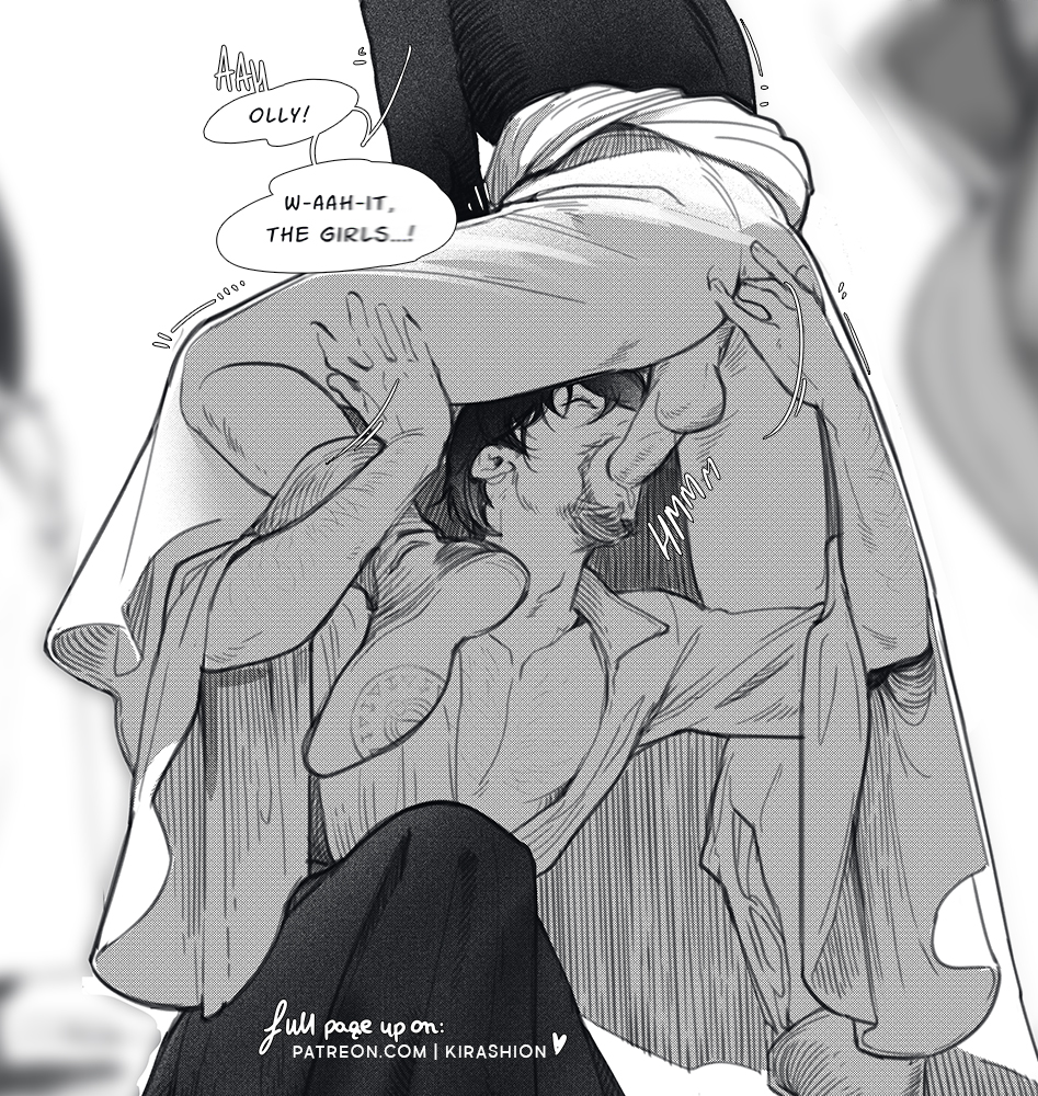 2boys, anal fingering, black and white, blowjob while fingering, blush, bottomless, english text, facial hair, fellatio, fingering, fingering while sucking penis, gay, gay sex, kirashion, male only, olruggio (witch hat atelier), open shirt, qifrey (witch hat atelier), witch hat atelier, yaoi
