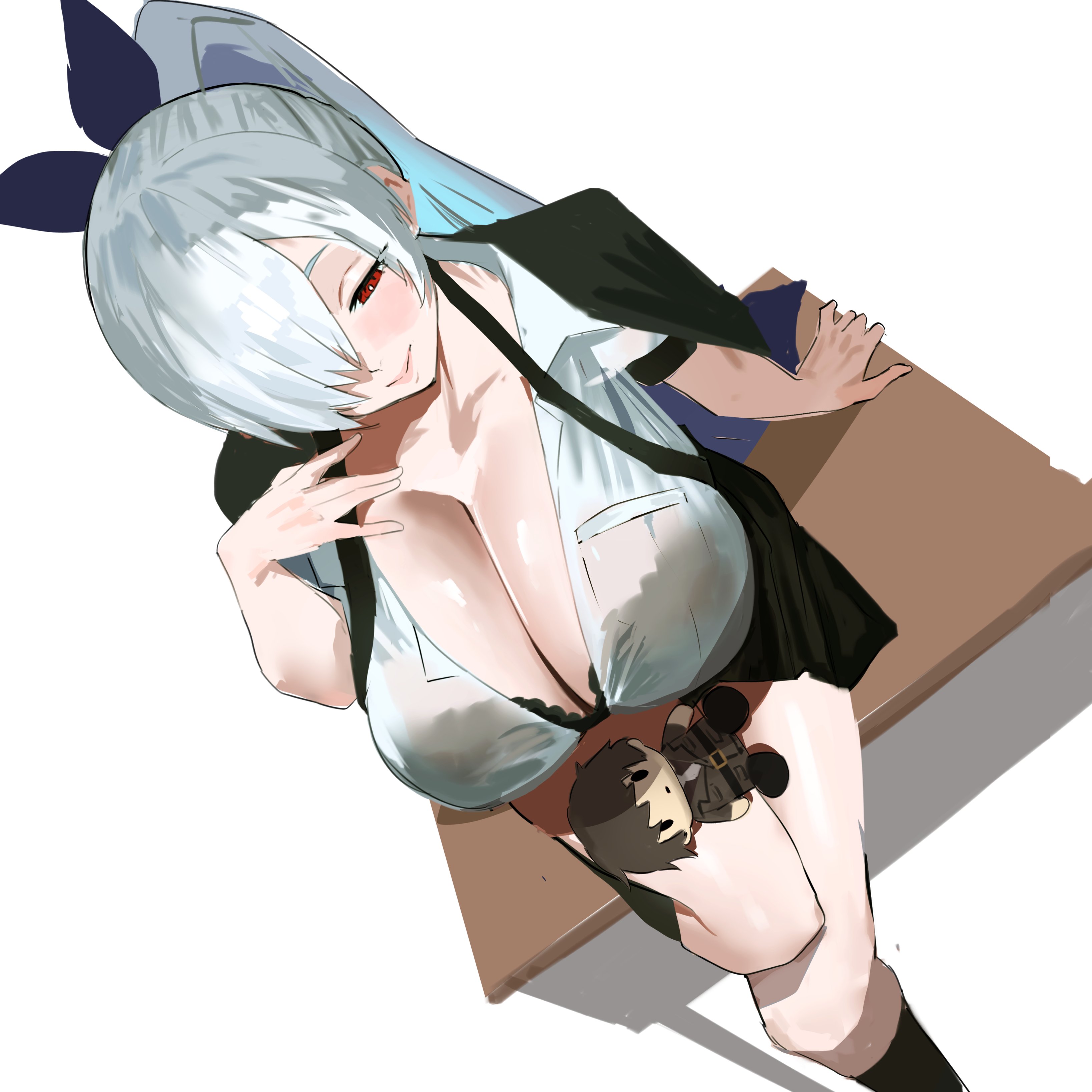 1girls, alternate costume, big breasts, black bra, bra, bra visible through clothes, breasts, breasts bigger than head, cinderella (nikke), collarbone, commander (nikke), desk, doll, female, female only, goddess of victory: nikke, hair ornament, hands, huge breasts, lips, long hair, looking down, mostly clothed, pockets, ponytail, red eyes, redi (rasec asdjh), school desk, school uniform, see-through, see-through clothing, sitting, sitting on desk, skirt, smiling, tagme, thick thighs, thighs, white background, white hair