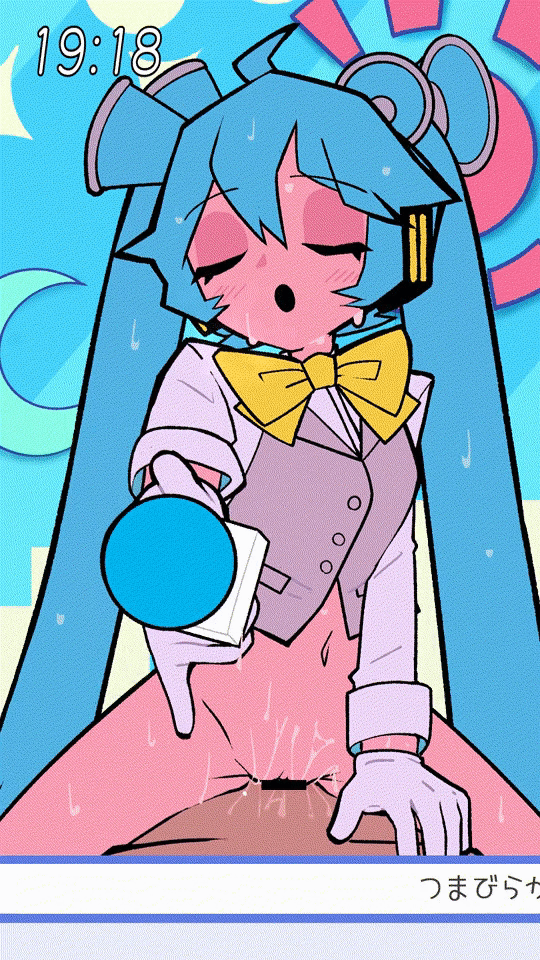 1boy, 1girls, amazing moje, animated, blue hair, bottomless, censored, cowgirl position, female, hatsune miku, looking at viewer, mv character, penetration, penis, pov, sex, super moje, sweat, twintails, vocaloid, wet