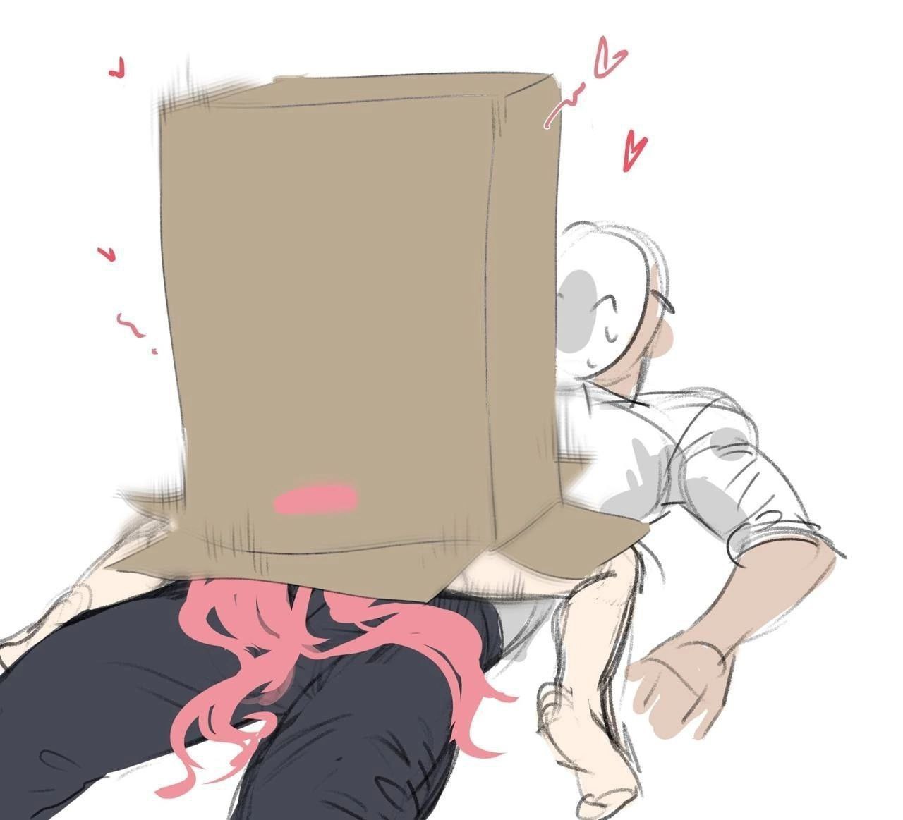 1boy, 1boy1girl, 1female, 1female1male, 1girl, 1girls, 1male, 1male1female, bocchi the rock!, box, cardboard box, clothed, clothed male, clothing, color, cowgirl position, dark-skinned male, enthusiastic, enthusiastic female, feet, female focus, funny, girl on top, gotou hitori, grey background, heart, human, human only, humor, implied penetration, implied sex, light skin, light-skinned female, male, mask, masked male, motion blur, motion lines, naked, naked female, purple hair, sweat, sweatdrop, tan body, tan skin, white background