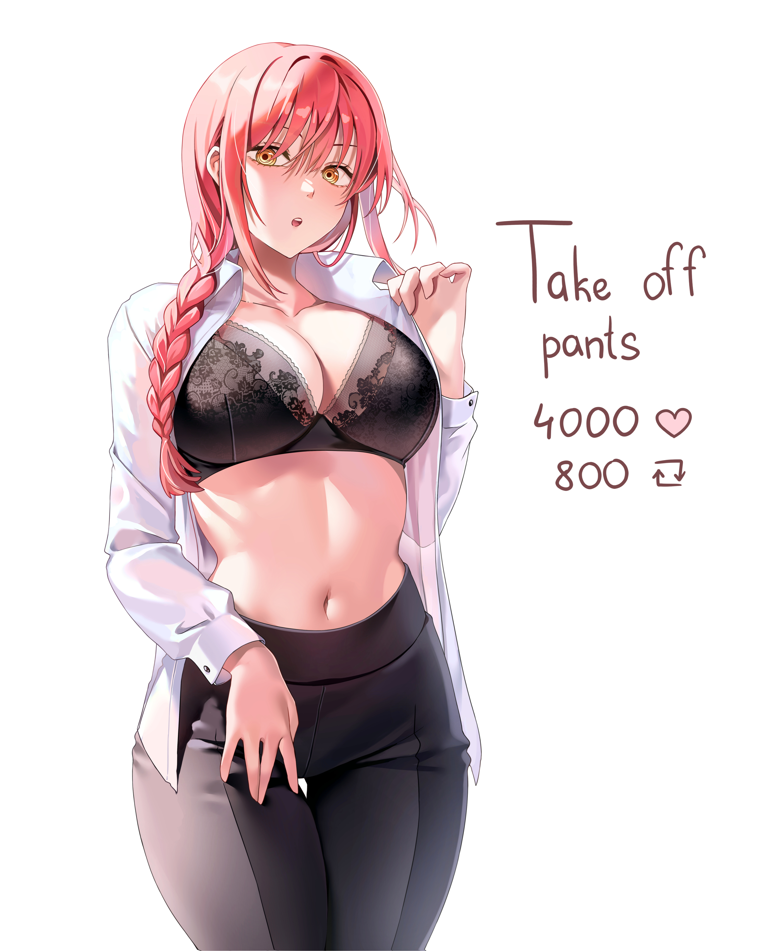 1girls, absurdres, black bra, black pants, blush, bra, braid, braided ponytail, breasts, chainsaw man, cleavage, collarbone, collared shirt, cowboy shot, curvy, english text, female, highres, lace, lace trim, lace-trimmed bra, large breasts, lingerie, long hair, long sleeves, looking at viewer, machulanko, makima (chainsaw man), meme, midriff, narrow waist, navel, open clothes, open mouth, open shirt, pants, red hair, shirt, simple background, skin tight, solo, surprised, teeth, thick thighs, thighs, tongue, twitter strip game, underwear, upper teeth, white background, white shirt, yellow eyes