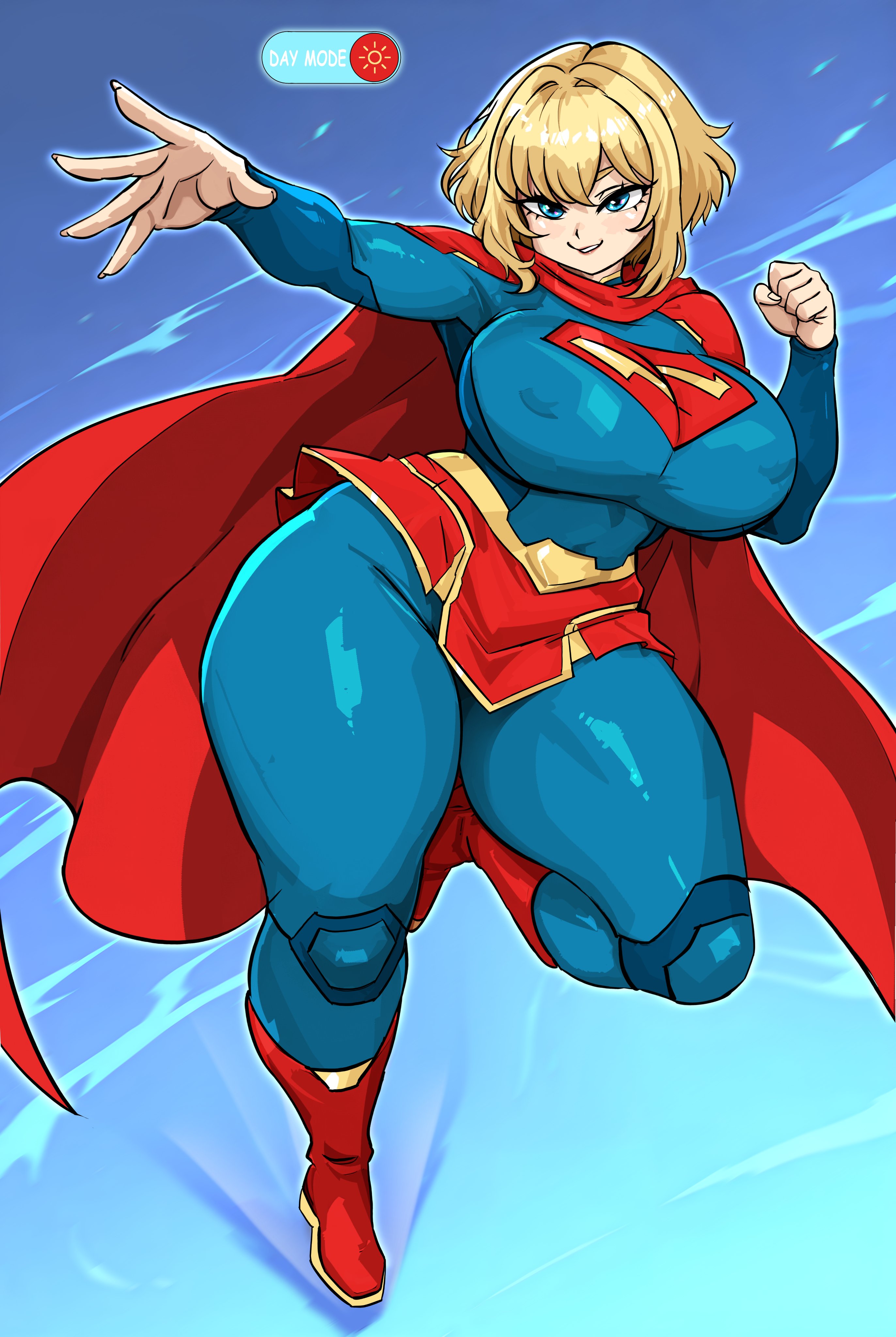 1girls, 2026, big breasts, blonde hair, blue eyes, dc comics, huge breasts, huge thighs, kara zor-el, my adventures with superman, nipple bulge, short hair, solo, solo female, supergirl, supergirl (my adventures with superman), superheroine, superman (series), tagme, thick, thick thighs, wide hips, zespapi
