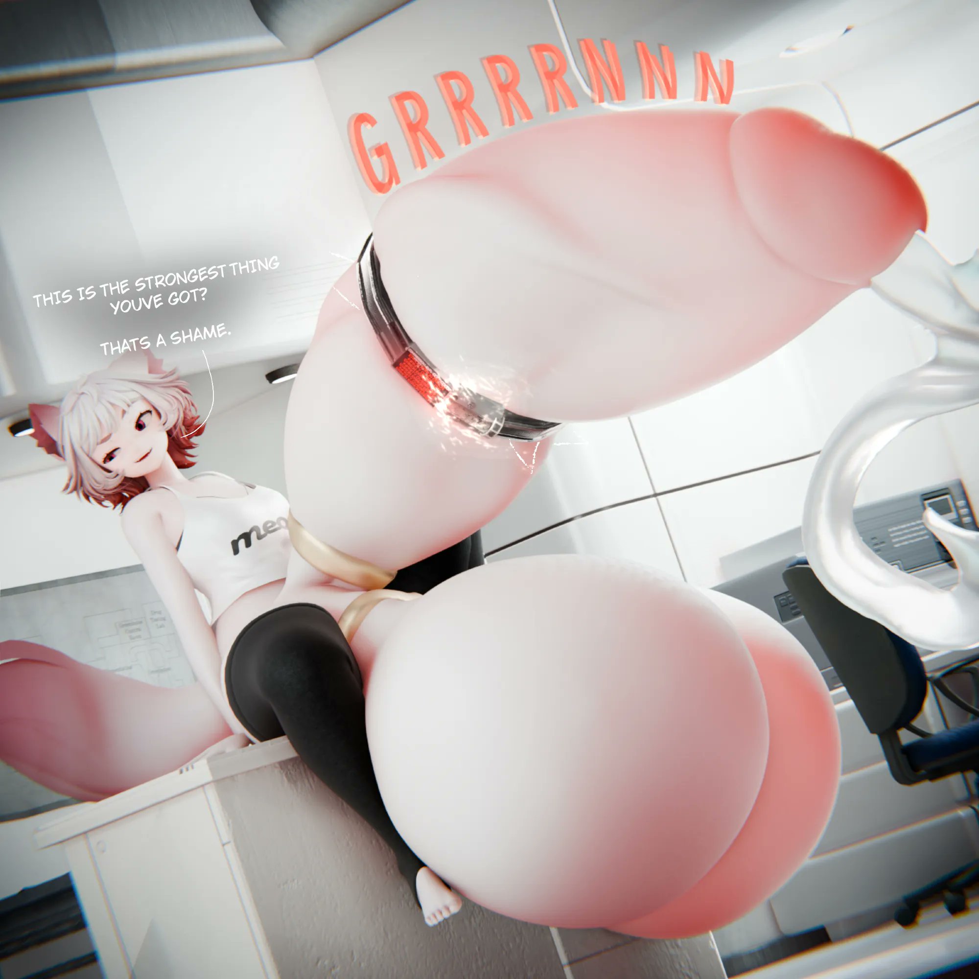 1boy, 3d, balls, balls bigger than head, bottomless, cat ears, cat tail, catboy, cock ring, english text, erect penis, erection, femboy, huge balls, huge cock, hung trap, hyper, hyper balls, hyper penis, male, male only, penis, precum, precum string, sitting, starry (starrygts), starrygts, testicles, text, trap