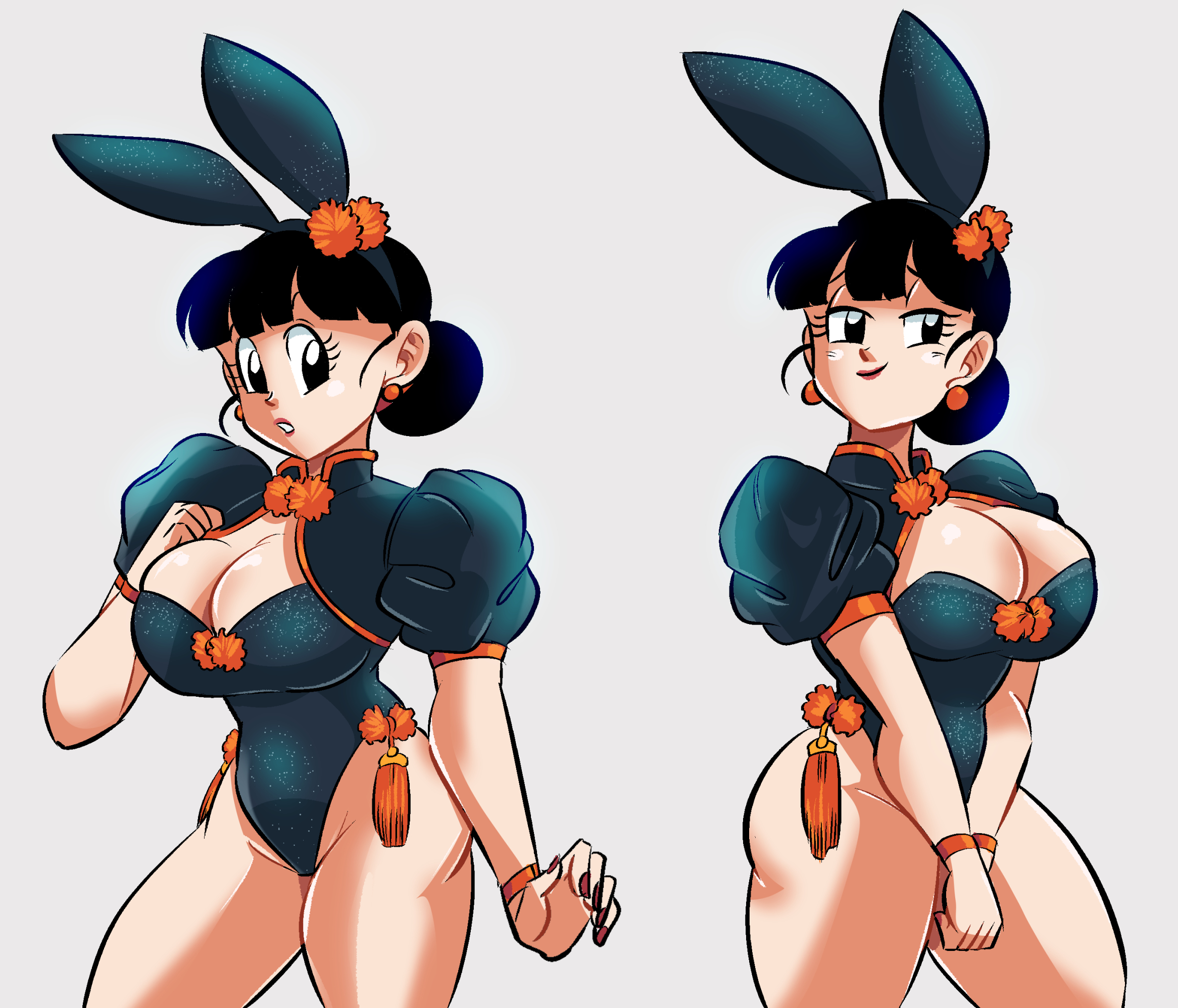 1girls, black hair, bunny ears, bunnysuit, chichi, chichi (bunny), cleavage, dragon ball, earrings, female, female only, funsexydragonball, hair bun, hair ornament, male, penis, seductive, seductive gaze, seductive look, seductive smile, shounen jump, simple background, solo, solo female, solo focus, thick penis, thighs