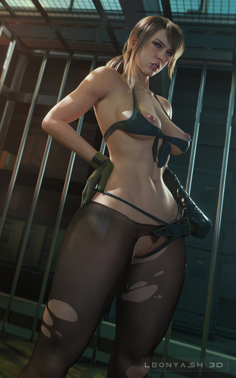 1girls 2026 3d areolae breasts breasts_out brown_hair cell clitoris clitoris_peek crotchless_leggings eyeshadow female female_only female_pubic_hair functionally_nude gloves green_eyes hairless_pussy holding holding_knife holding_weapon huge_breasts indoors jail knife leggings legs_apart leonyash3d lip_piercing lipstick long_hair mascara metal_gear_solid metal_gear_solid_v navel nipple_piercing nipple_ring nipples nude nude_female panties_aside piercing piercings pink_lipstick prisoner pubic_hair pussy quiet_(metal_gear) ripped_leggings solo standing stefanie_joosten thong thong_aside vulva
