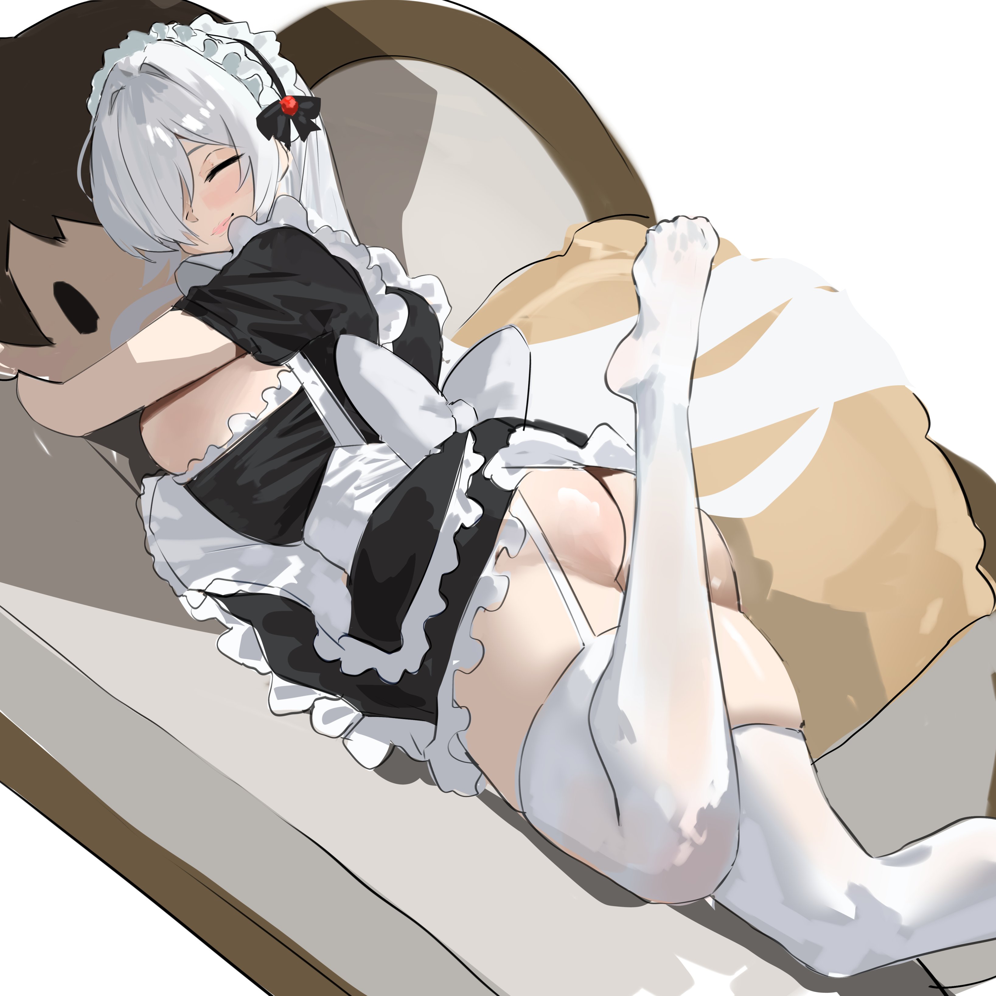 1girls, alternate costume, ass, big ass, big breasts, breast squish, breasts bigger than head, cinderella (nikke), commander (nikke), eyes closed, feet up, female, female only, furniture, garter straps, goddess of victory: nikke, huge breasts, laying on sofa, laying on stomach, lips, looking at viewer, maid, maid headdress, maid outfit, maid uniform, pale skin, pale-skinned female, plushie, redi (rasec asdjh), smiling, tagme, thick thighs, thighhighs, white background, white hair