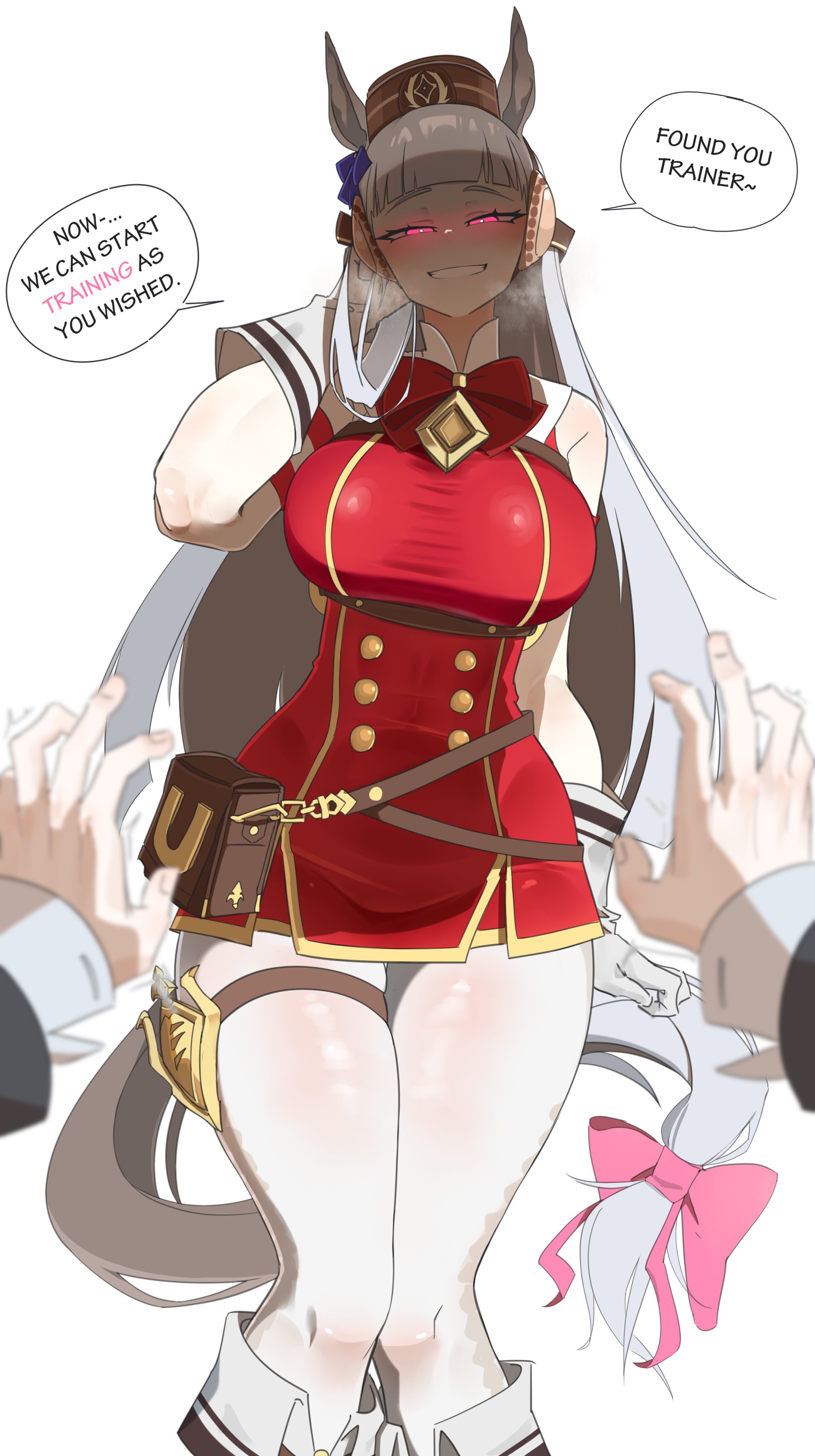 1girl, absurdres, animal ears, asking for sex, big breast, blush, breasts, doli palta, doll dol1, ear ornament, english commentary, english text, gold ship (umamusume), highres, horny female, horse ears, horse girl, horse tail, long hair, pink bow, pink eyes, pov, pov hands, red dress, simple background, speech bubble, steam, tail, tail bow, tail ornament, thick thighs, thighhighs, thighs, trainer (umamusume), umamusume, white background, white hair, white tail, white thighhighs