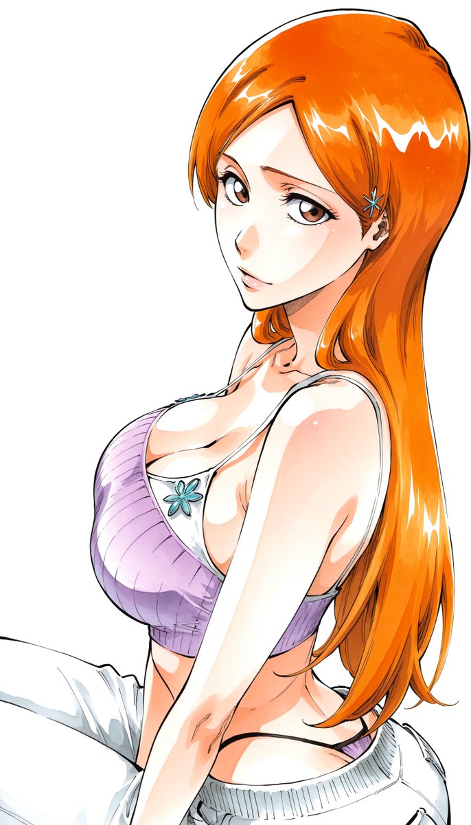 1girl, bleach, breasts, brown eyes, butt crack, camisole, cleavage, collarbone, crop top, from side, hair ornament, inoue orihime, large breasts, long hair, looking at viewer, midriff, mommy, orange eyes, orange hair, orihime inoue, panties, pants, parted bangs, parted lips, photoshop (medium), purple panties, shiny hair, sideboob, simple background, sitting, solo, spaghetti strap, straight hair, tank top, thong, underwear, white background, white pants