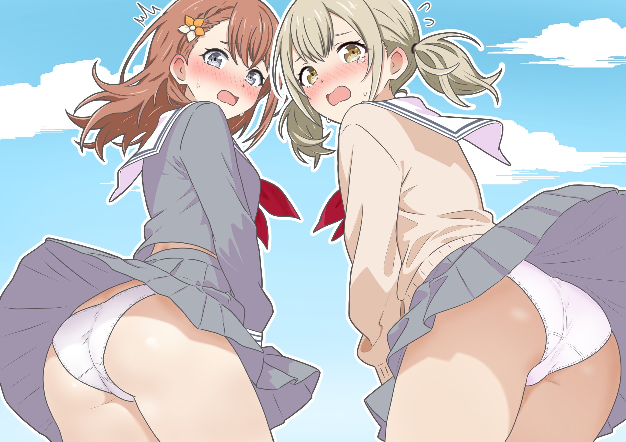 2girls, ass, ayafuya-p, azusawa kohane, blush, embarrassed, female, female only, hanasato minori, looking at viewer, panties, project sekai, wind, wind lift