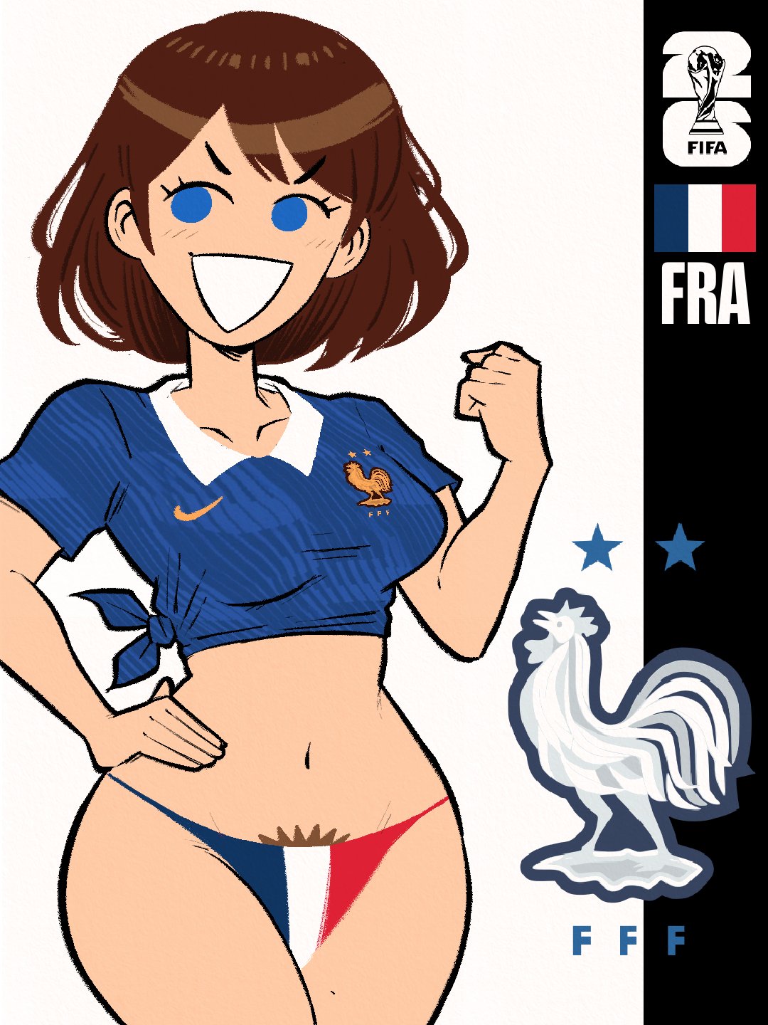 1girls, 2026, atomiksaico, blue eyes, breasts, brown hair, brown pubic hair, european female, eyelashes, fifa, flag, football, france, french, french flag, jersey, light skin, light-skinned female, national personification, nike, no sclera, open mouth, original, panties, pubic hair, soccer, solo female, thick thighs, world cup