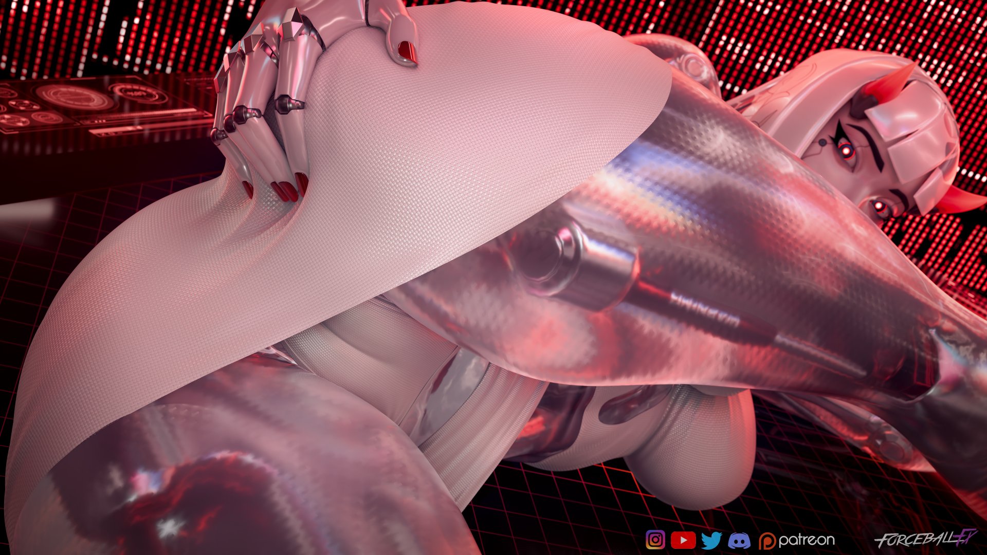 1girls, 3d, ass focus, clanker, forceballfx, looking at viewer, mechanical, overwatch, overwatch 2, red eyes, robot, robot girl, robot humanoid, shion, shion (overwatch)
