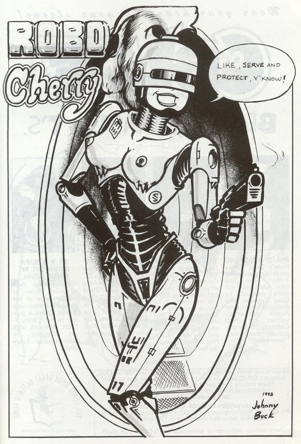 1990s 1992 1girls 20th_century blonde_hair breasts cherry_poptart cherry_poptart_(comic) cyborg cyborg_girl gun larry_welz nipples no_color ponytail robocop robot_girl skinny straight_hair year