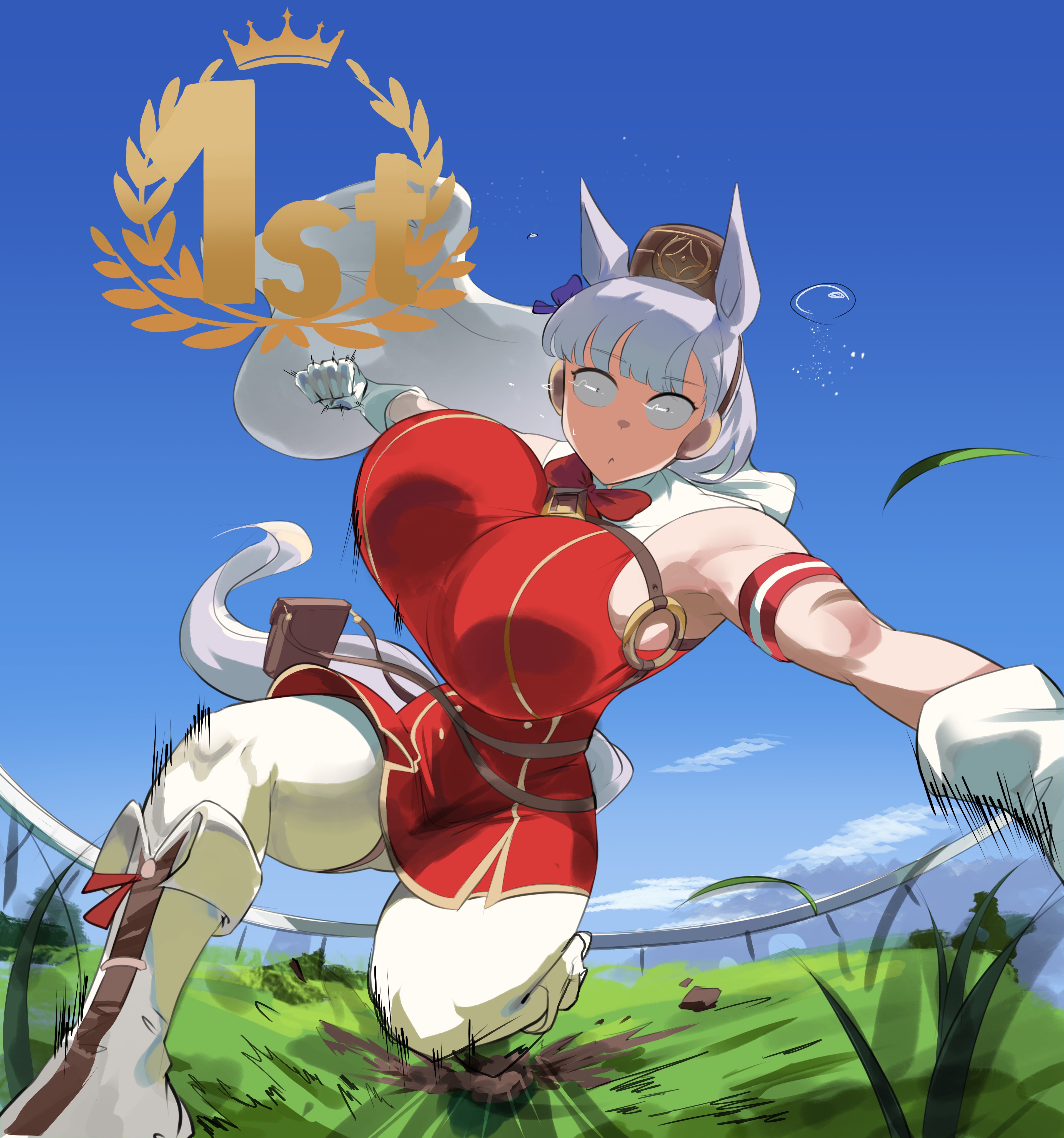 1girls, big breasts, booruguru, bouncing breasts, female, gold ship (umamusume), grass, horse girl, huge breasts, imminent punch, incoming attack, incoming punch, solo, umamusume, white gloves, white hair