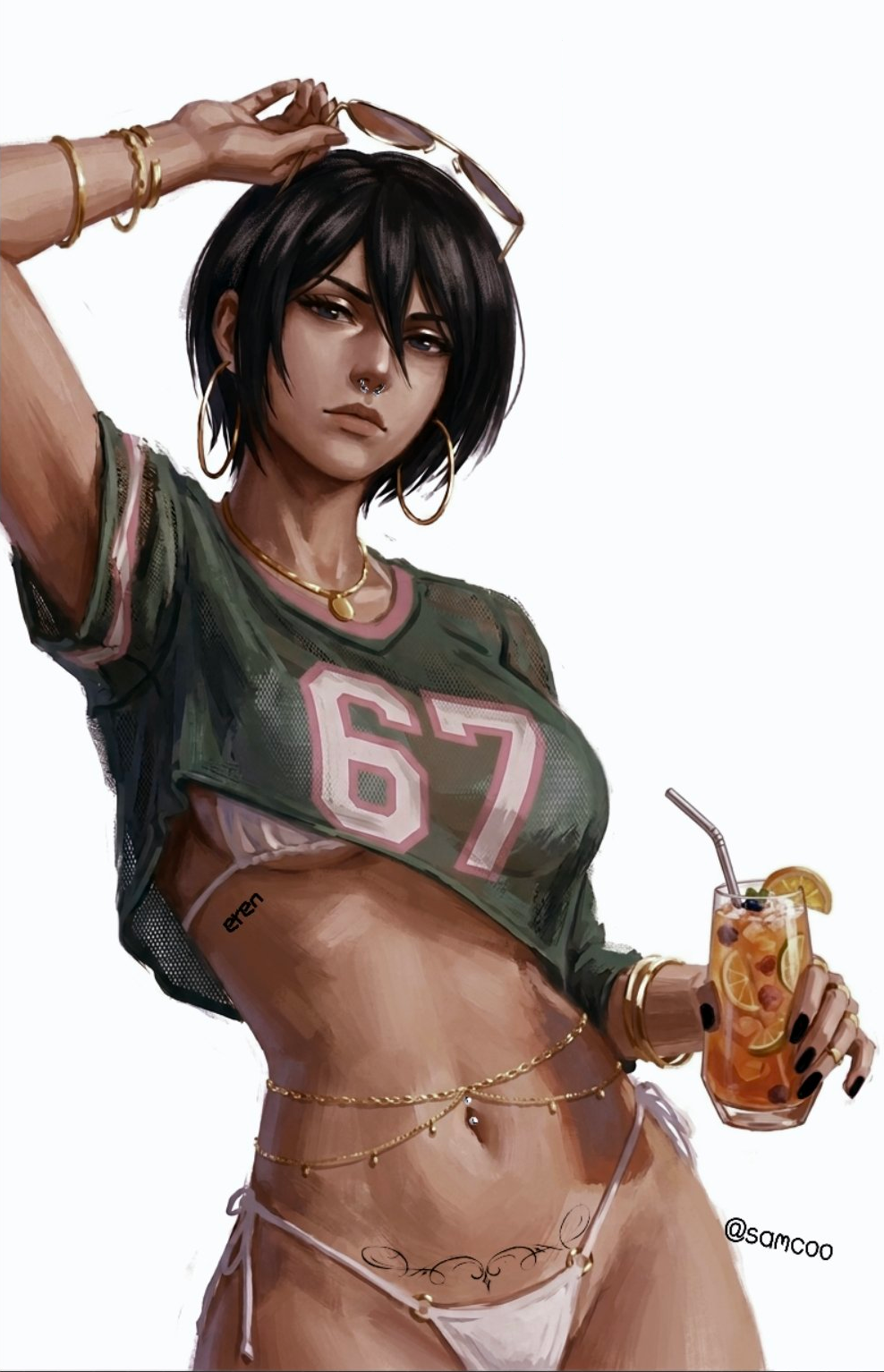 2026, armwear, asian female, attack on titan, belly, belly button piercing, belly chain, bikini, bikini bottom, bikini top, bikini top under shirt, black hair, black nails, black-haired female, brainrot, crop top, ear ring, grand theft auto vi, gta vi cover girl, holding cup, holding drink, jewelry, looking at viewer, midriff, mikasa ackerman, navel piercing, necklace, nose ring, shingeki no kyojin, short hair, short-haired female, sideboob, simple background, sunglasses, sunglasses on head, tomboy, trend, underboob, white background