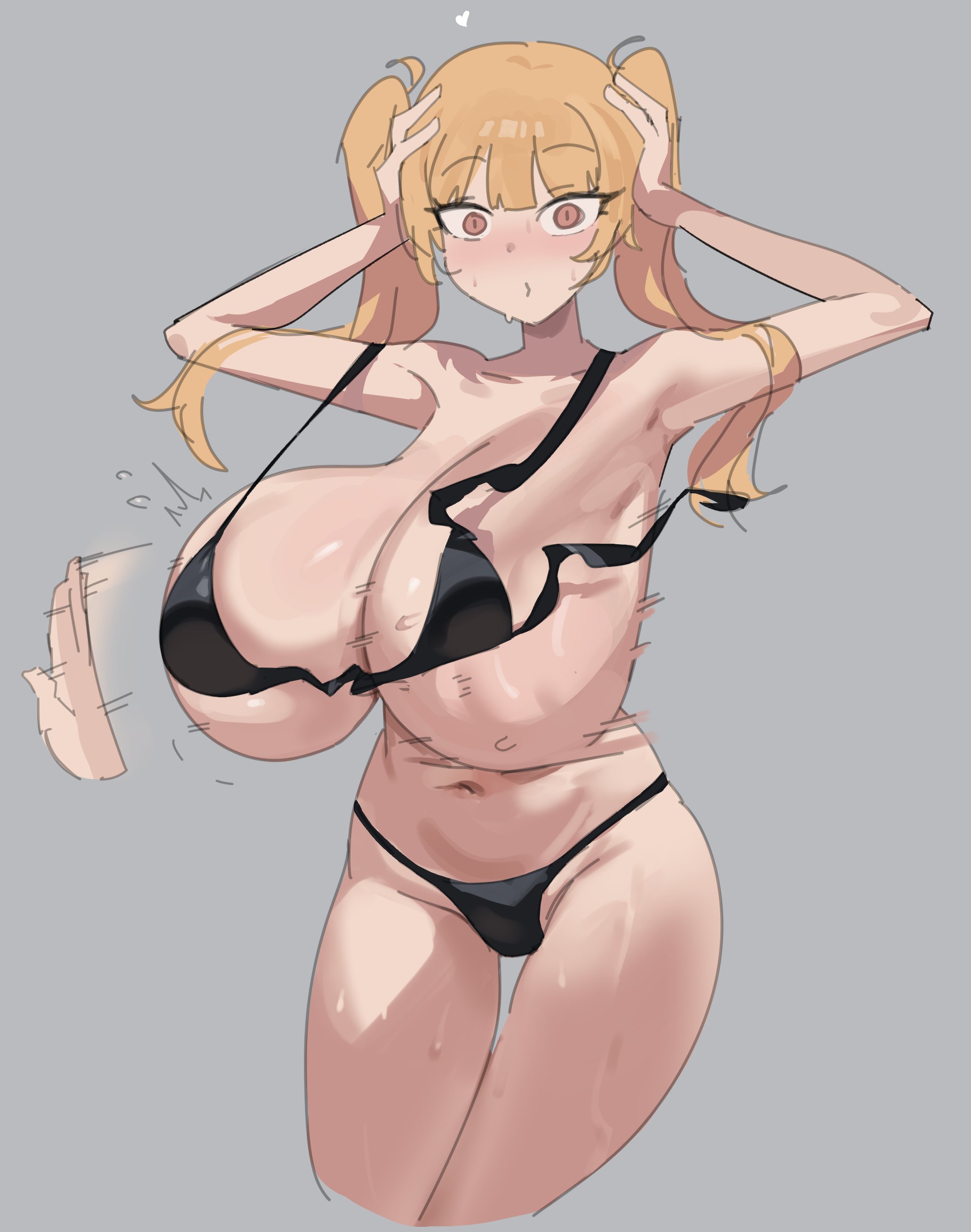 1girls, black bikini, blonde hair, booruguru, bouncing breasts, breast slap, cindy magus, female, final fantasy, final fantasy: lost stranger, huge breasts, motion lines, navel, slapping breasts, solo, standing, twintails
