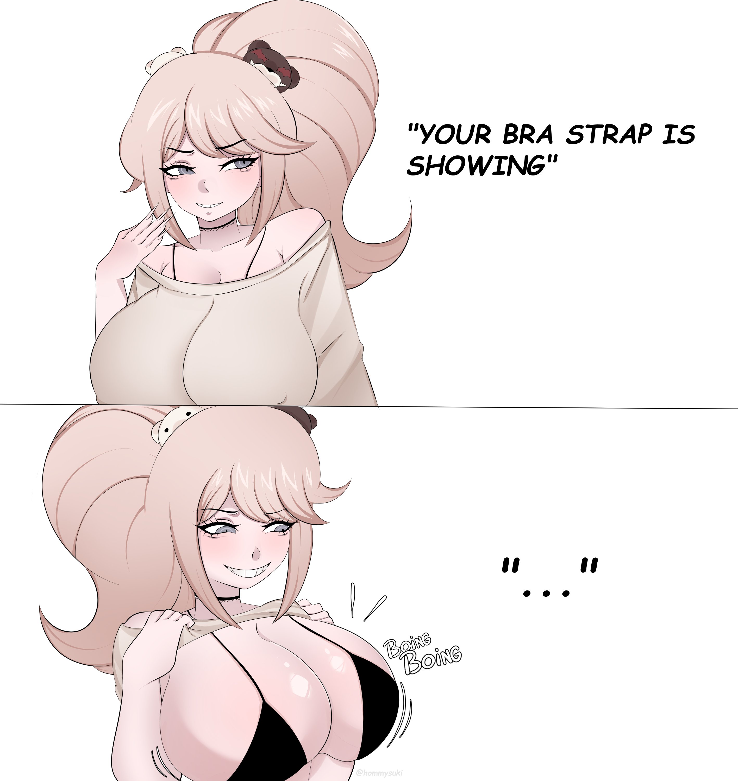 blonde female, blonde hair, blonde-haired female, bra, bra strap, bra strap is showing (meme), danganronpa, danganronpa (series), danganronpa: trigger happy havoc, enoshima junko, hommysuki, huge breasts, junko enoshima, sharp fingernails, smirk, smirking at another, smirking face, sweater, sweater lift