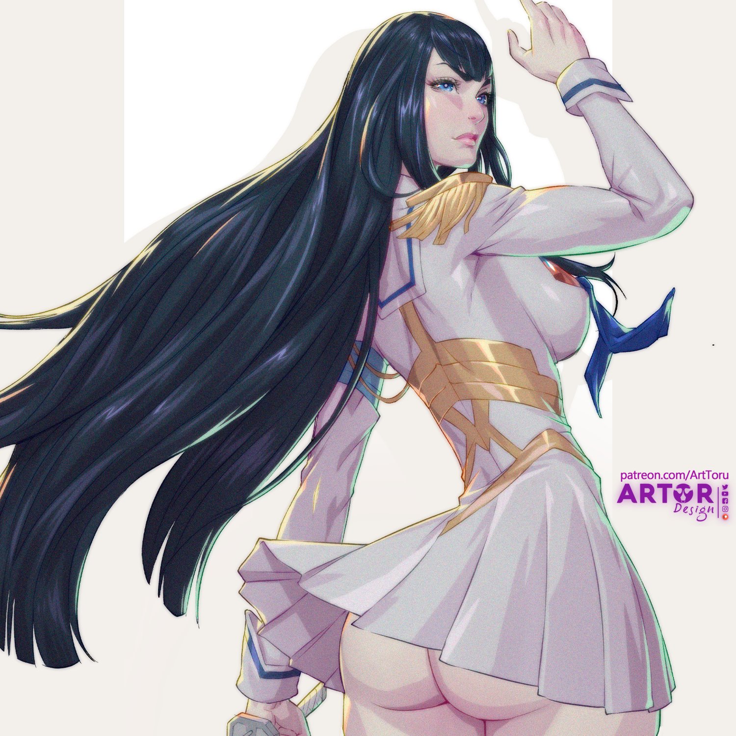 1girls, arm up, arttoru, ass, athletic, athletic female, back, back view, big ass, big butt, black hair, blue eyes, breasts, bubble ass, bubble butt, female, female only, huge ass, human, kill la kill, kiryuuin satsuki, long hair, short skirt, sideboob, simple background, skirt, solo, solo female, tagme, upskirt